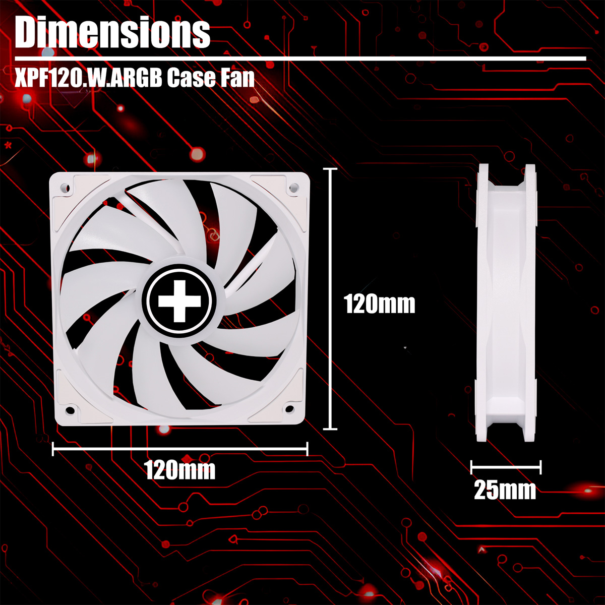 Ein weißer Gehäuselüfter mit den Abmessungen 120 mm x 120 mm x 25 mm. Er ist mit XPF120.W.ARGB gekennzeichnet. Der Hintergrund ist ein rotes Leiterplattendesign.