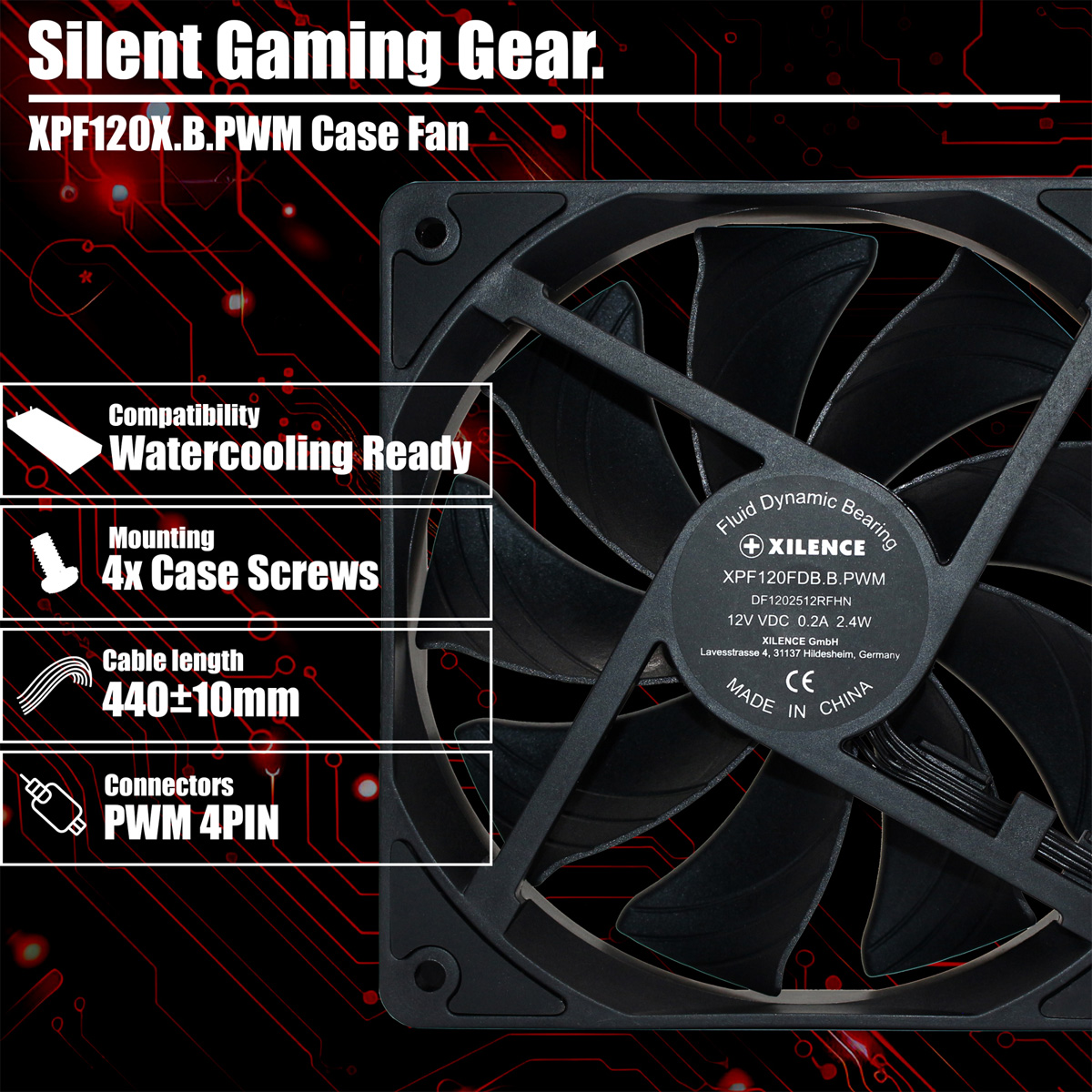 Black computer fan with text details. Labels include 'Watercooling Ready', '4x Case Screws', and 'PWM 4PIN connectors'.