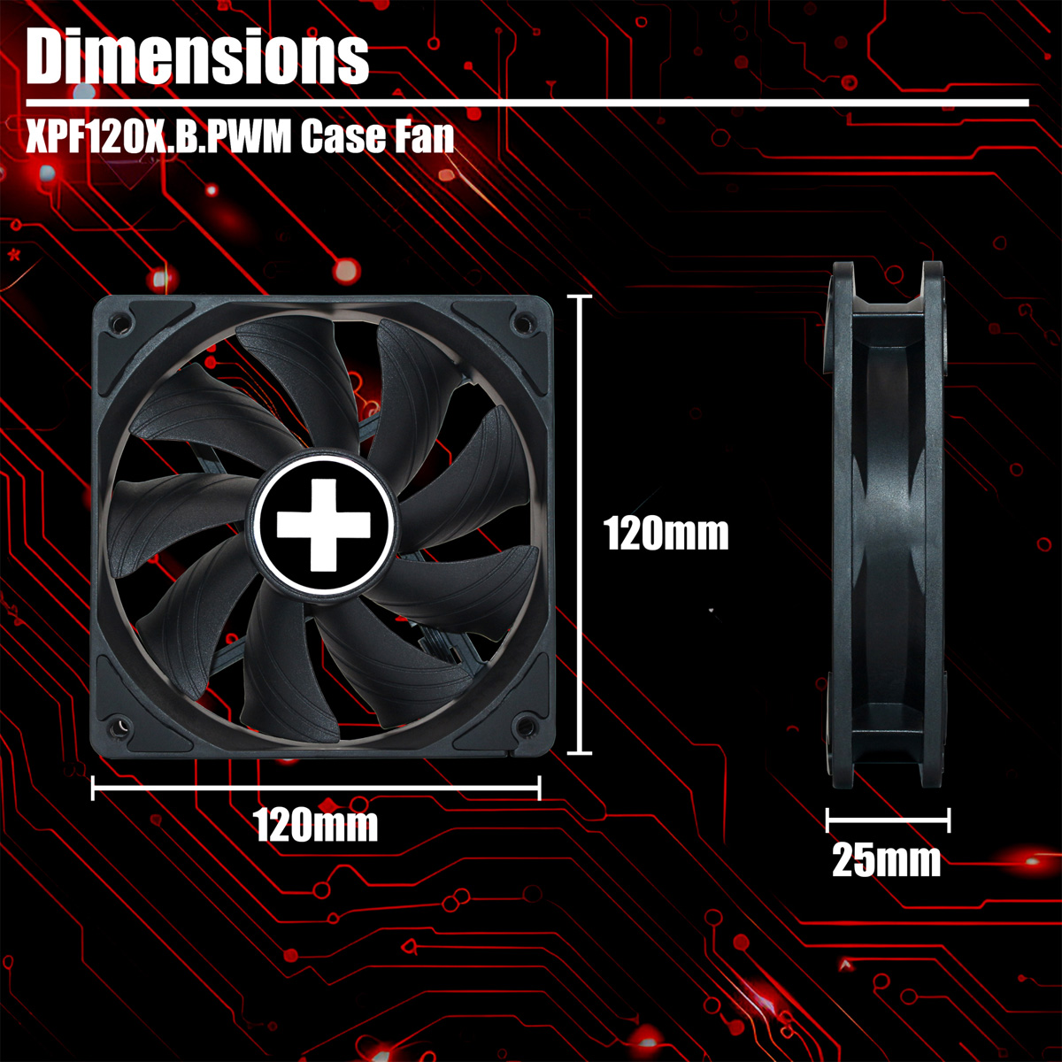 Black case fan with dimensions labeled. Front view shows blades and white plus. Side view indicates 25mm thickness.
