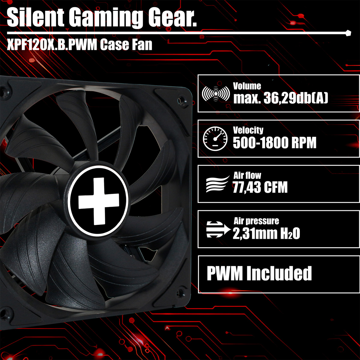 A black computer fan with a white plus sign in the center. Specs for volume, velocity, airflow, and pressure are listed.