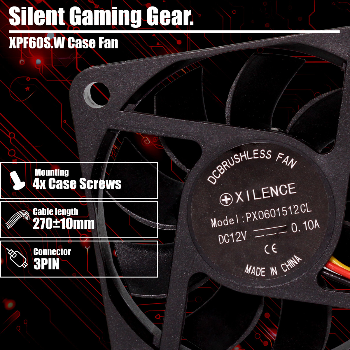 Nahaufnahme eines schwarzen Computerlüfters mit dem Etikett 'XILENCE'. Er hat Flügel, Befestigungslöcher und Text zu den Spezifikationen.