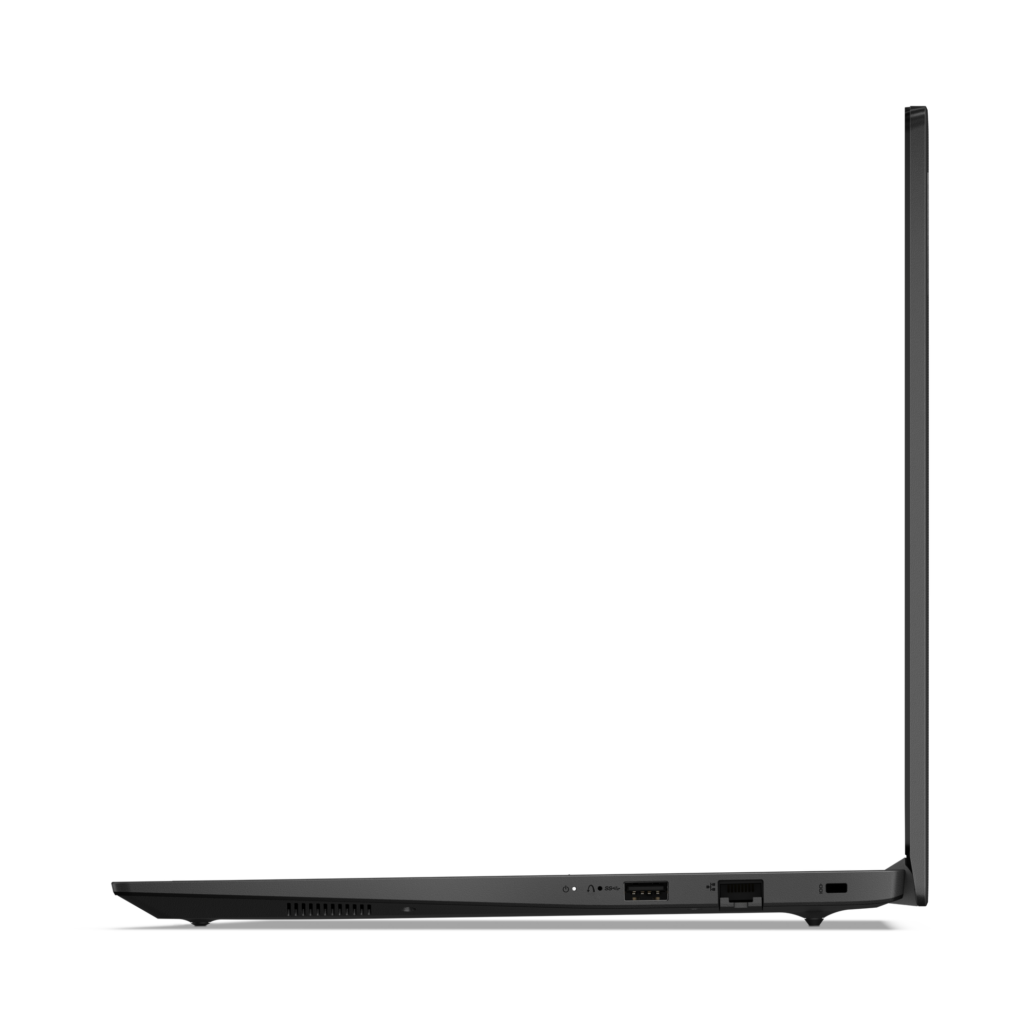 Vista laterale di un laptop nero su sfondo bianco. Porte visibili e lo schermo è chiuso.