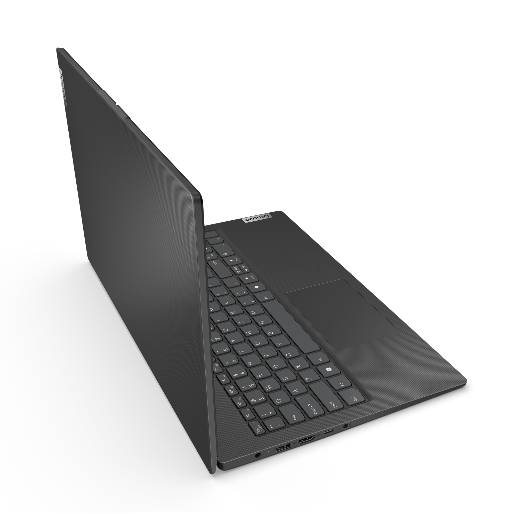 Un laptop Lenovo grigio scuro è aperto su una superficie bianca, mostrando la tastiera e il touchpad.