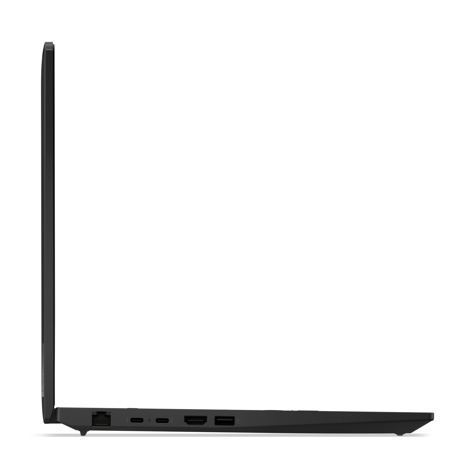 Vista laterale di un laptop nero. Porte laterali: Ethernet, USB, HDMI e alimentazione. Sfondo bianco.