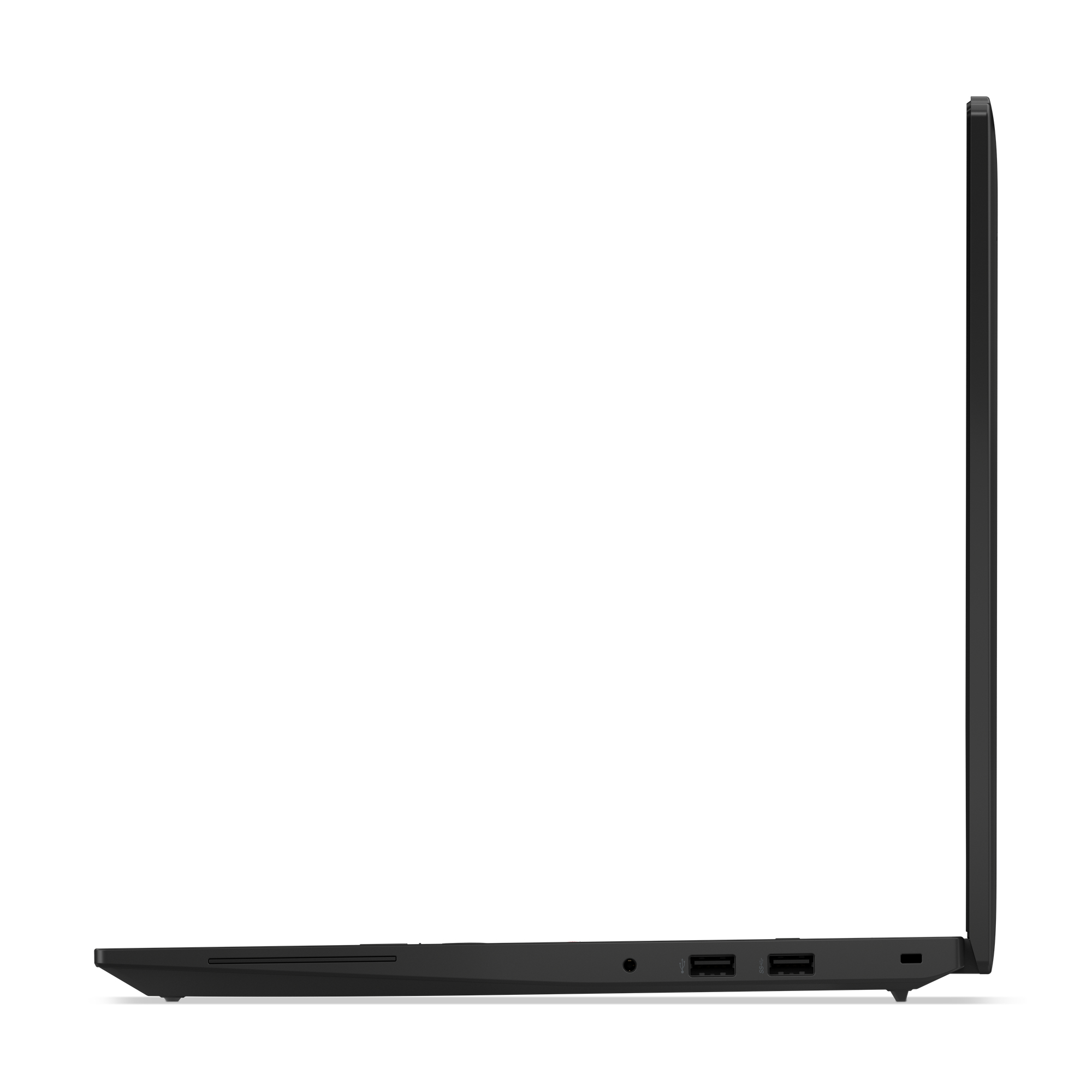 Vista laterale di un laptop nero su sfondo bianco. Porte visibili: USB e audio. Lo schermo è chiuso.