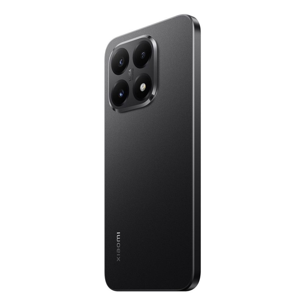 Czarny smartfon z aparatem Leica. Telefon jest ustawiony pod kątem, pokazując aparat i logo Xiaomi.