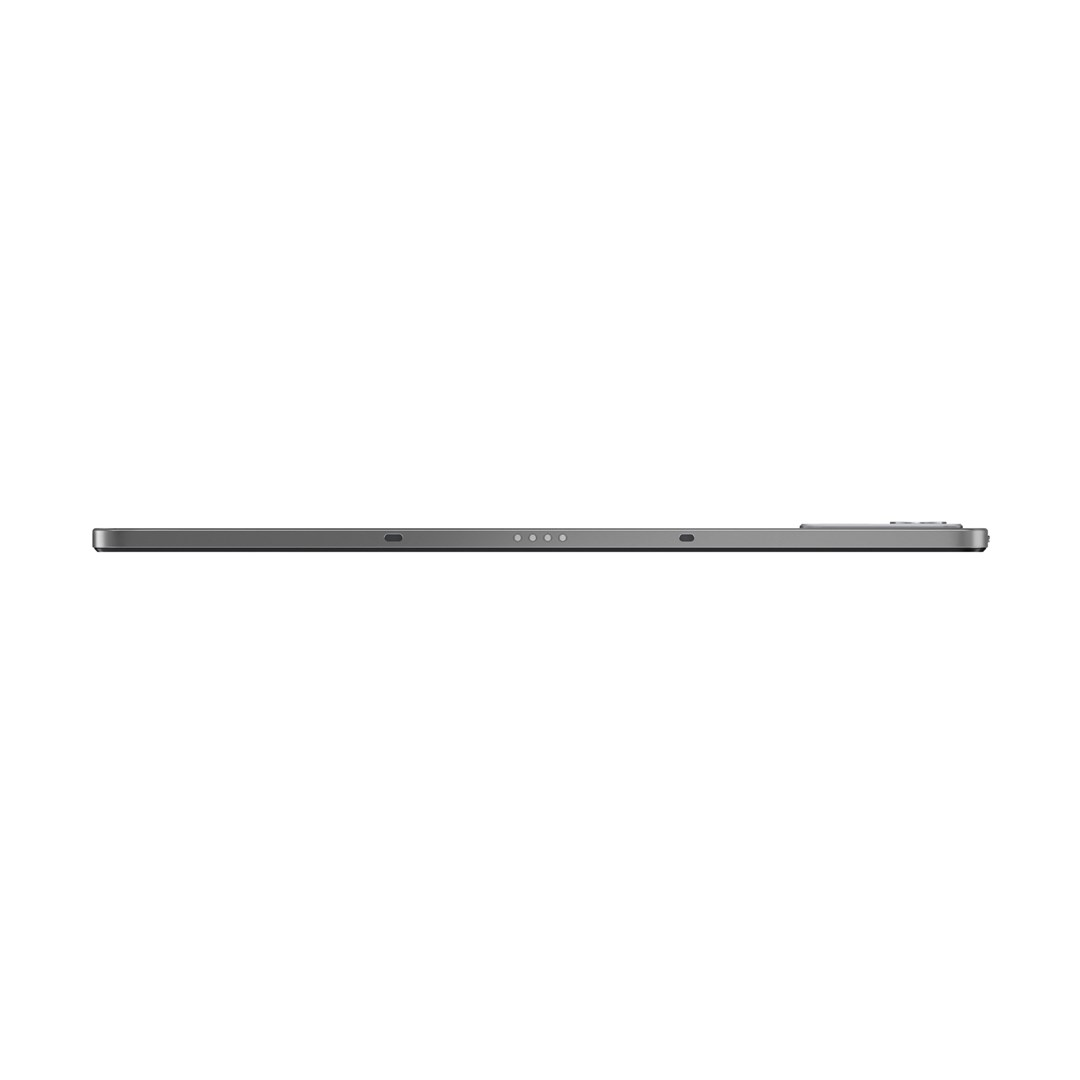 Vista laterale di un tablet grigio. Il tablet è posizionato orizzontalmente su sfondo bianco.