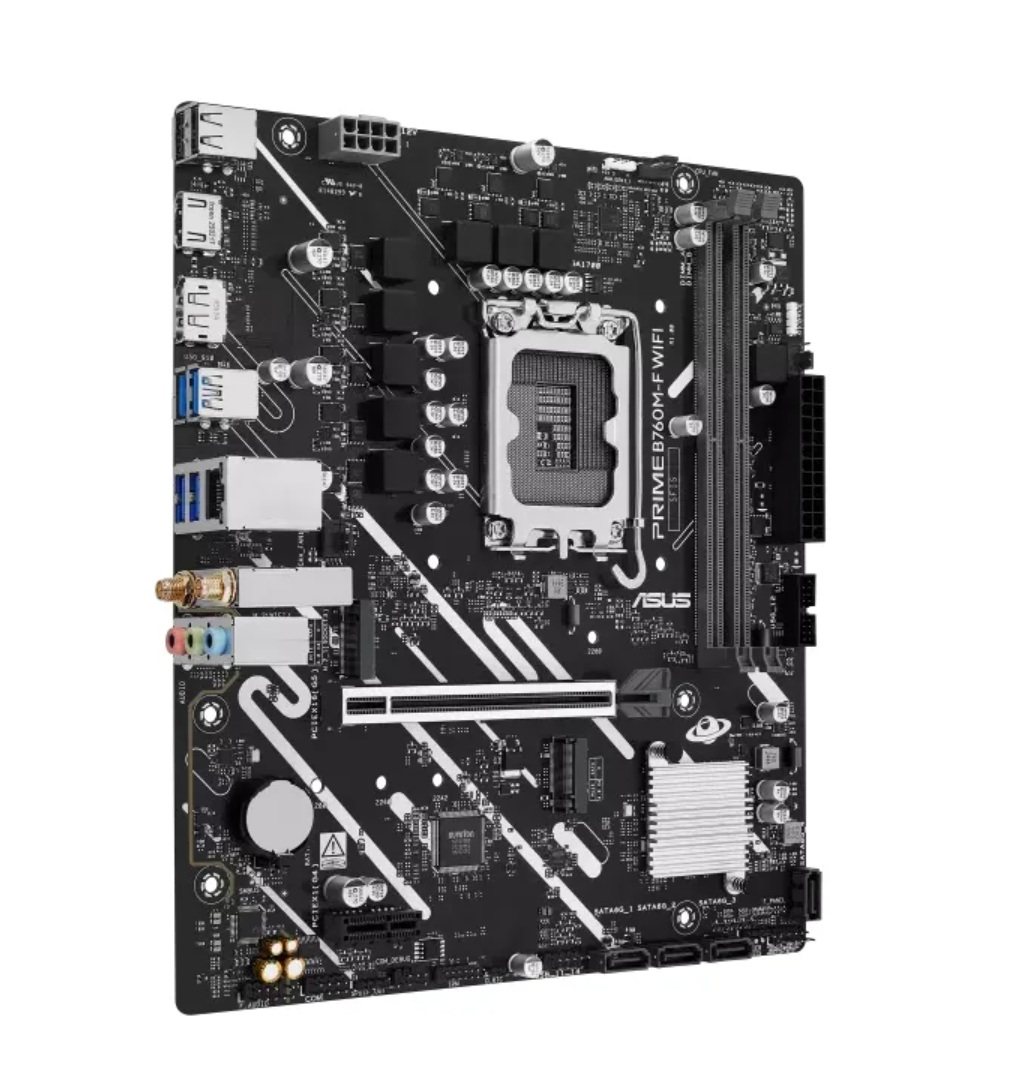 Carte mère ASUS Prime B760M-F WIFI noire avec divers composants comme des fentes, ports et puces, sur PCB noir.