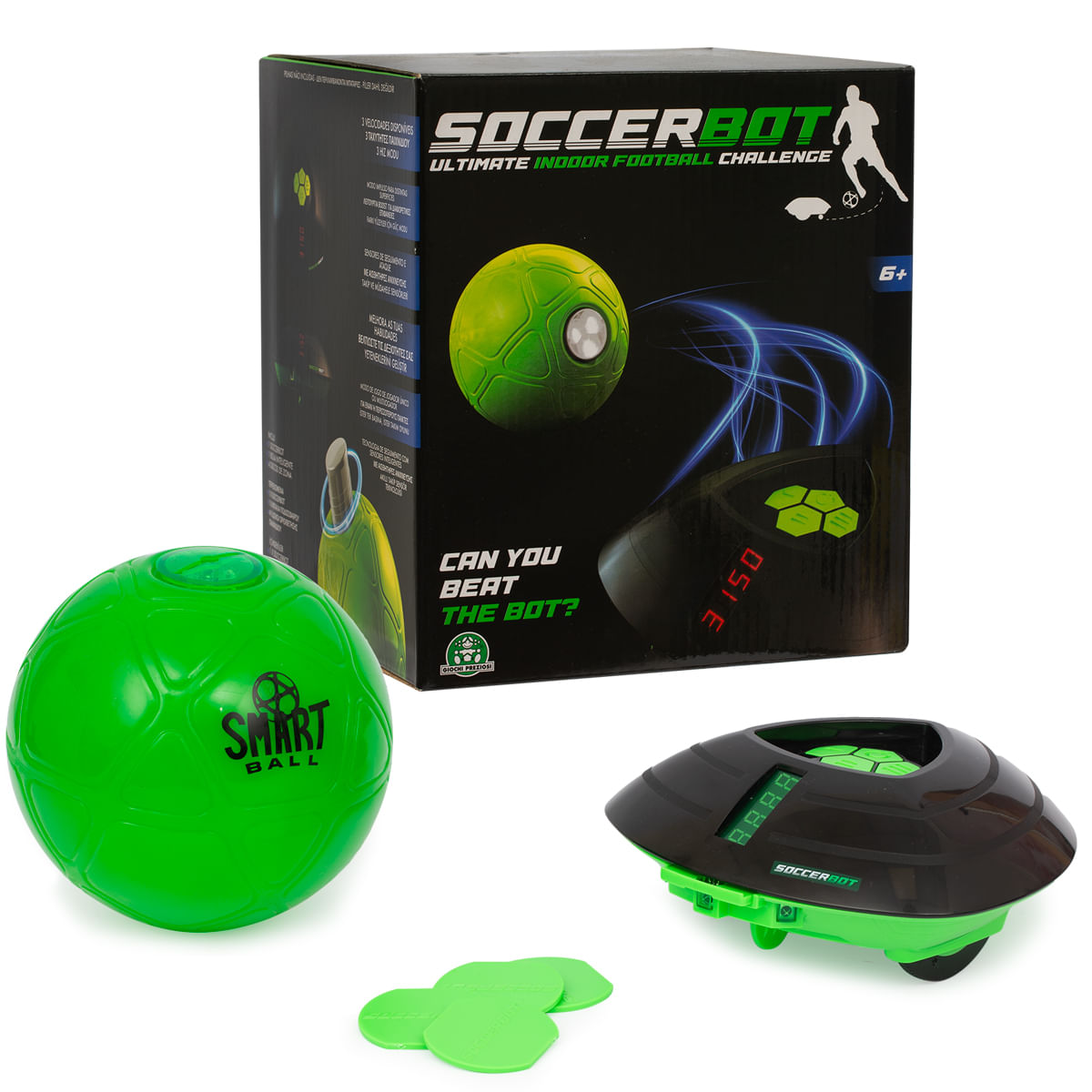 Un pallone da calcio verde e una scatola e componenti neri e verdi del gioco SoccerBot. La scatola dice 'Ultimate Indoor Football Challenge'.