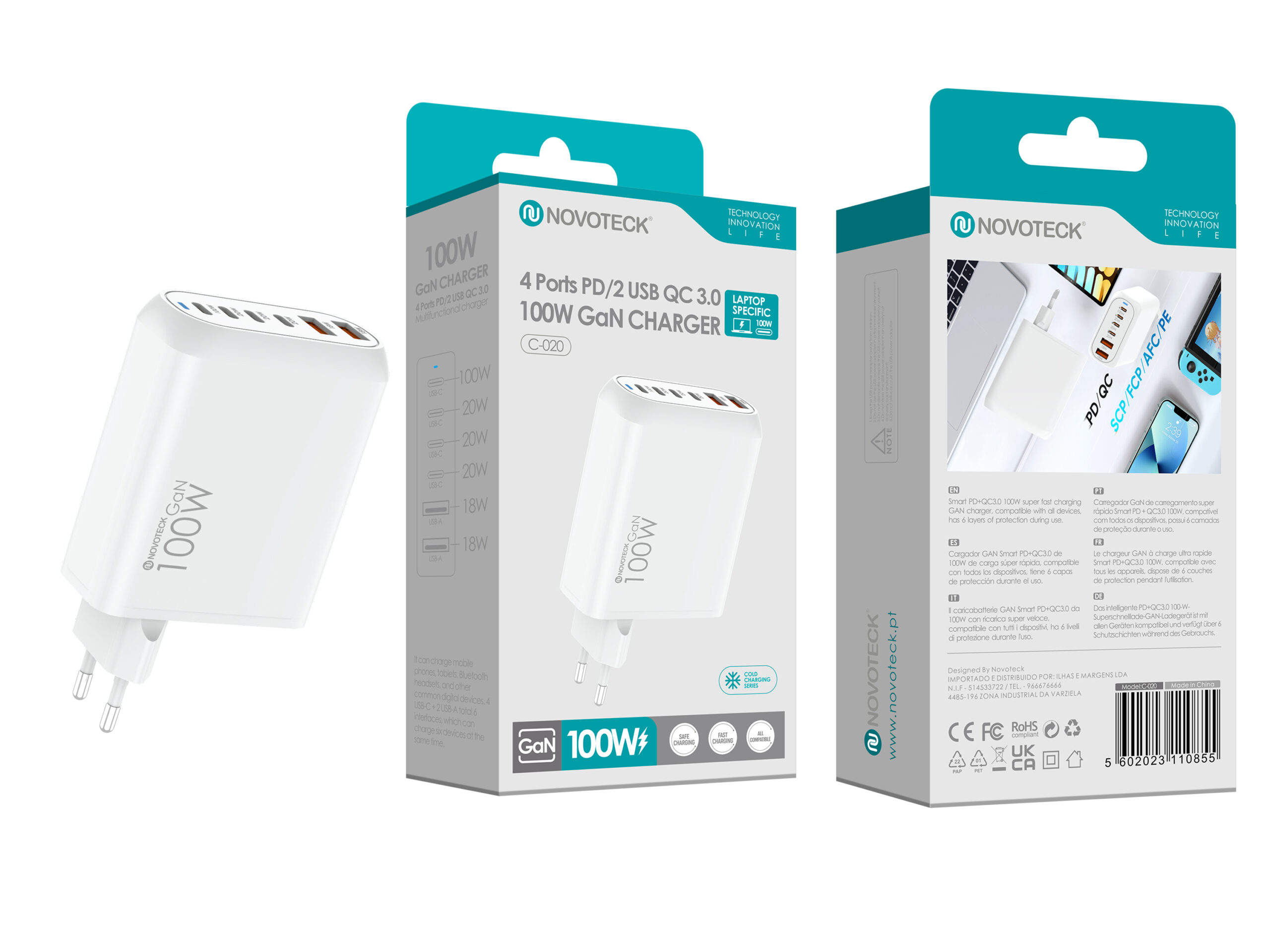 Cargador GaN Novoteck 100W blanco con múltiples puertos, con su embalaje.