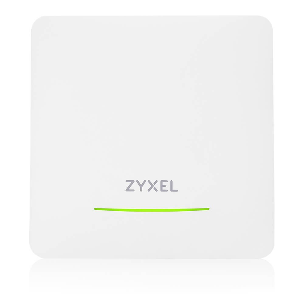 Een witte Zyxel router met een groen lampje. Het Zyxel logo staat in het midden. De router is vierkant.