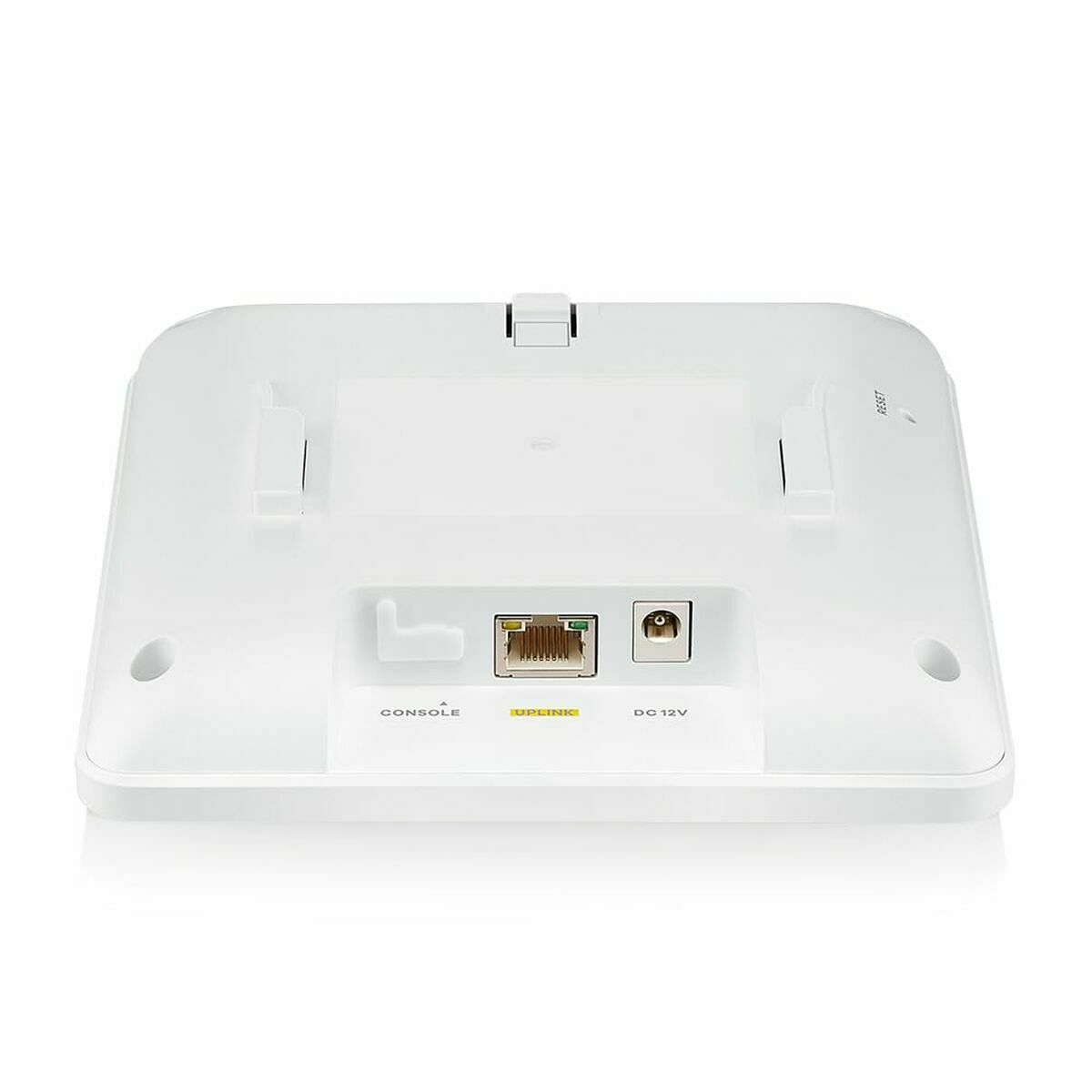 Wit apparaat met poorten gemarkeerd met 'CONSOLE', 'UPLINK' en 'DC 12V'. Inclusief een resetknop en bevestigingsfuncties.