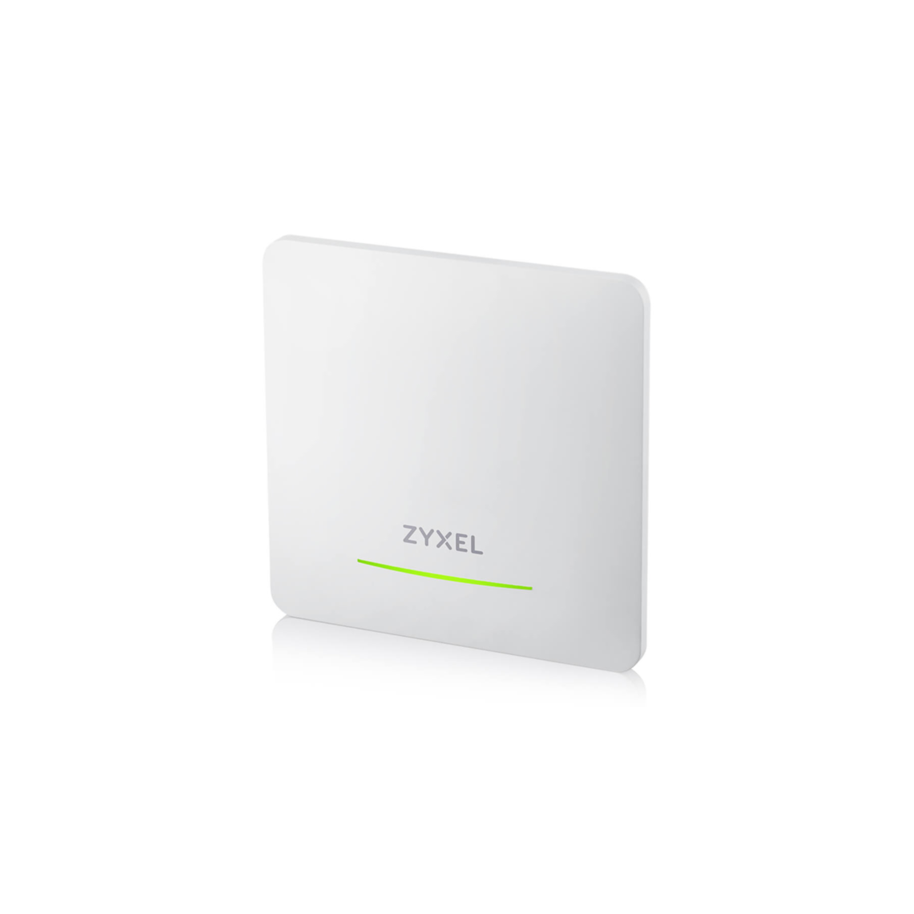Een witte Zyxel-router met een groene lijn. De router staat op een witte achtergrond.