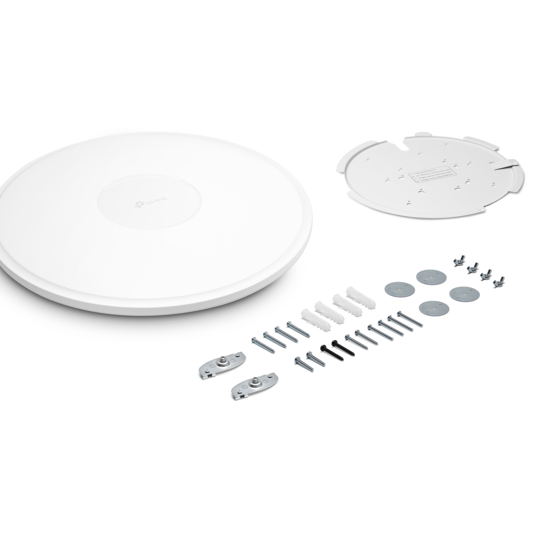 A white TP-Link access point with mounting hardware and screws, on a white background.
