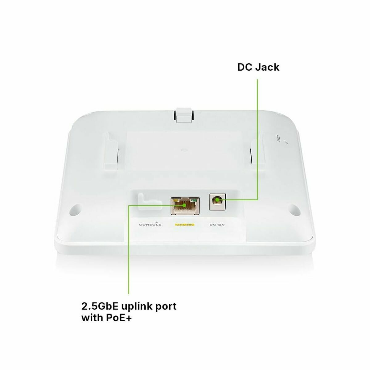 White device with labeled ports: DC jack, 2.5Gbe uplink port with PoE+, and console. Green lines point to each.