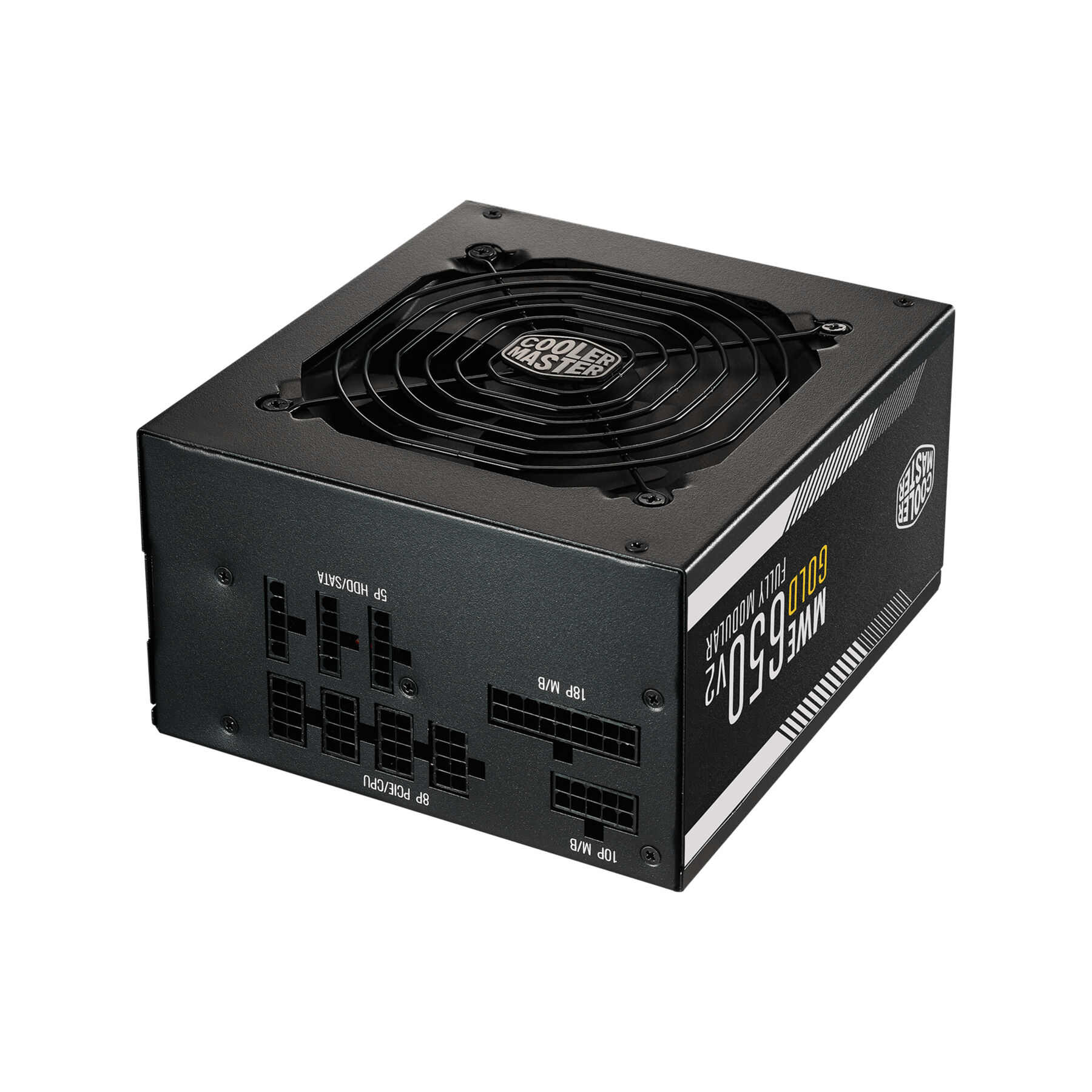 Zwarte Cooler Master voeding. Het heeft een ventilator en meerdere connectoren voor componenten.