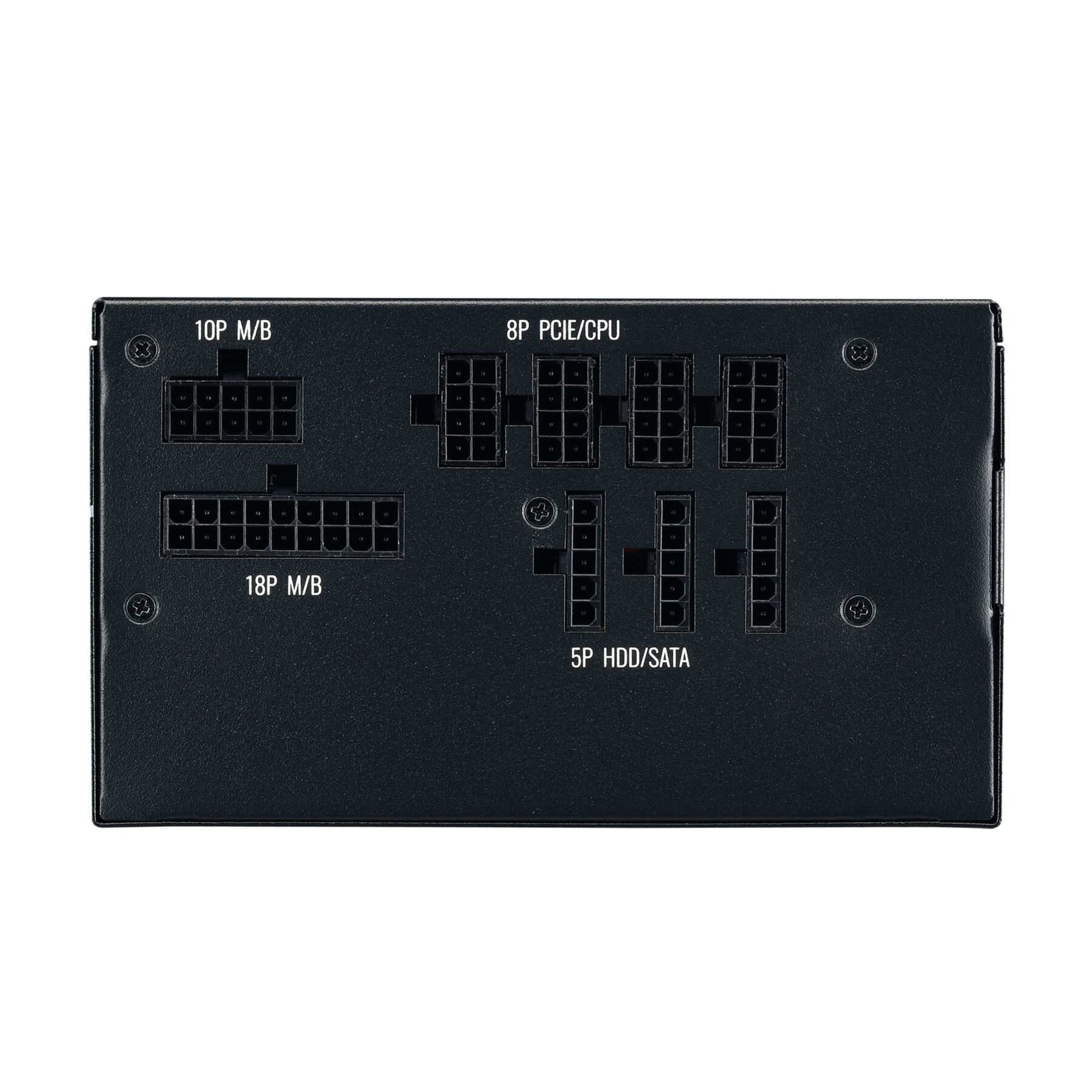 Zwarte computer voeding. Heeft verschillende connectorpoorten met labels, waaronder 10P M/B, 8P PCIE/CPU, 18P M/B en 5P HDD/SATA.
