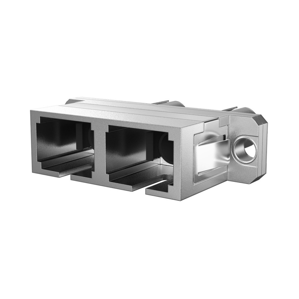 Un connettore metallico rettangolare con due aperture e un foro rotondo. Ha un aspetto lucido e argentato e si trova su uno sfondo bianco.