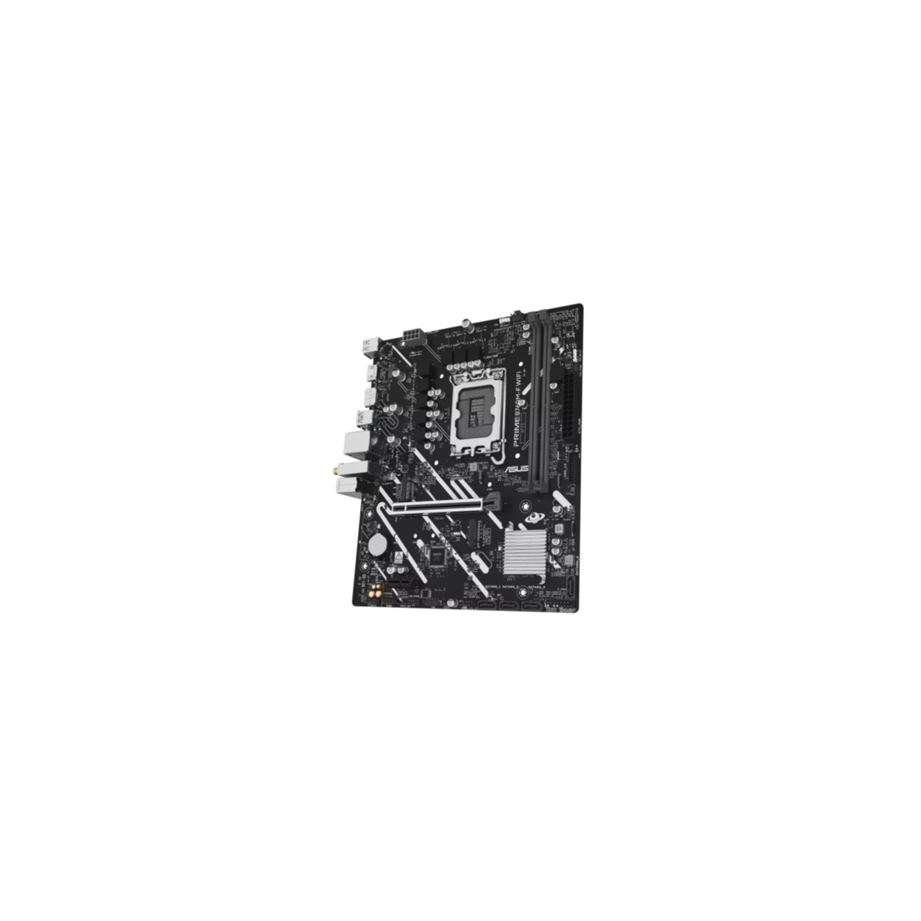 Une carte mère noire avec divers composants comme des fentes, des ports et un socket CPU, sur fond blanc.