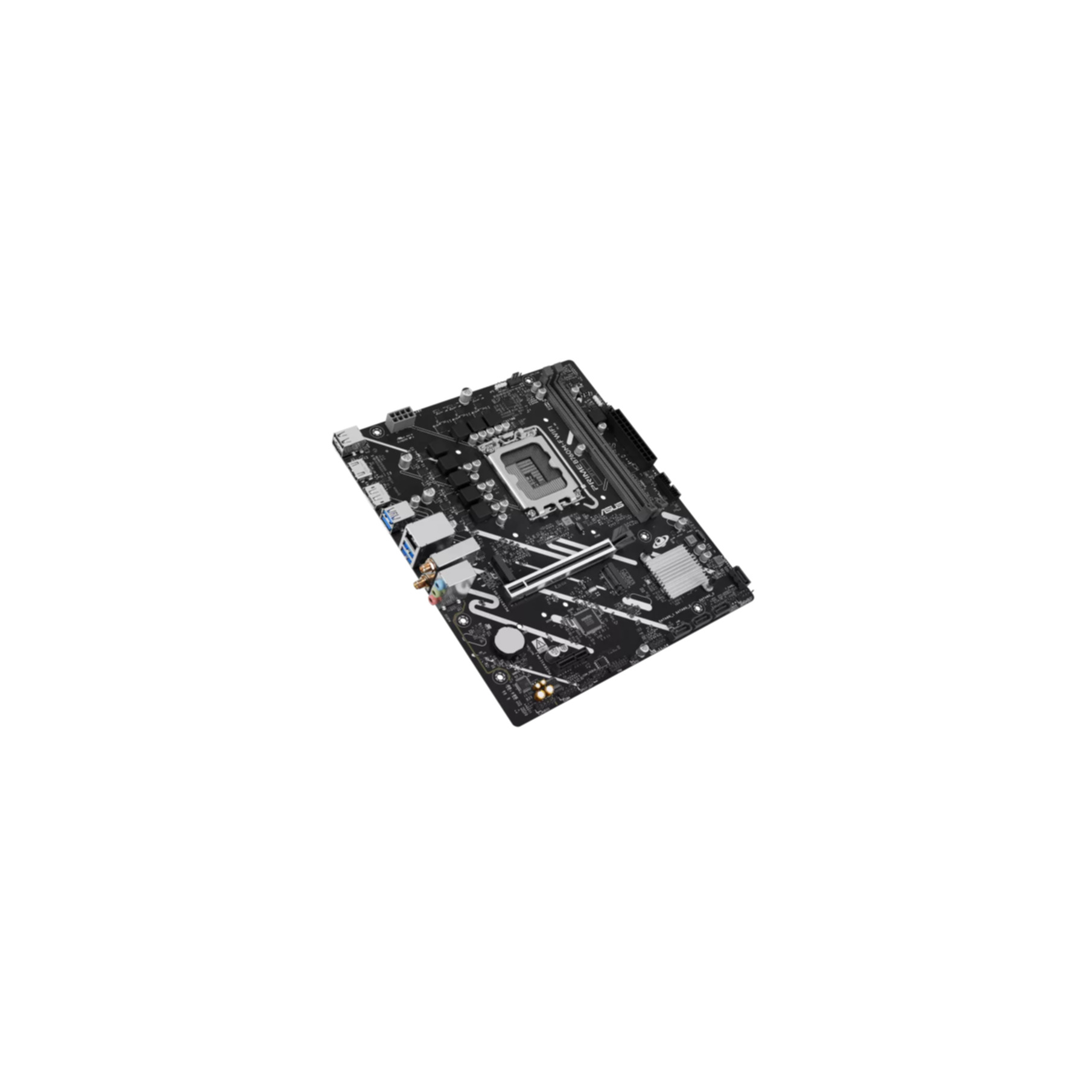 Une carte mère d'ordinateur noire sur fond blanc. Les composants incluent des fentes, des ports et un socket CPU. Logo ASUS visible.