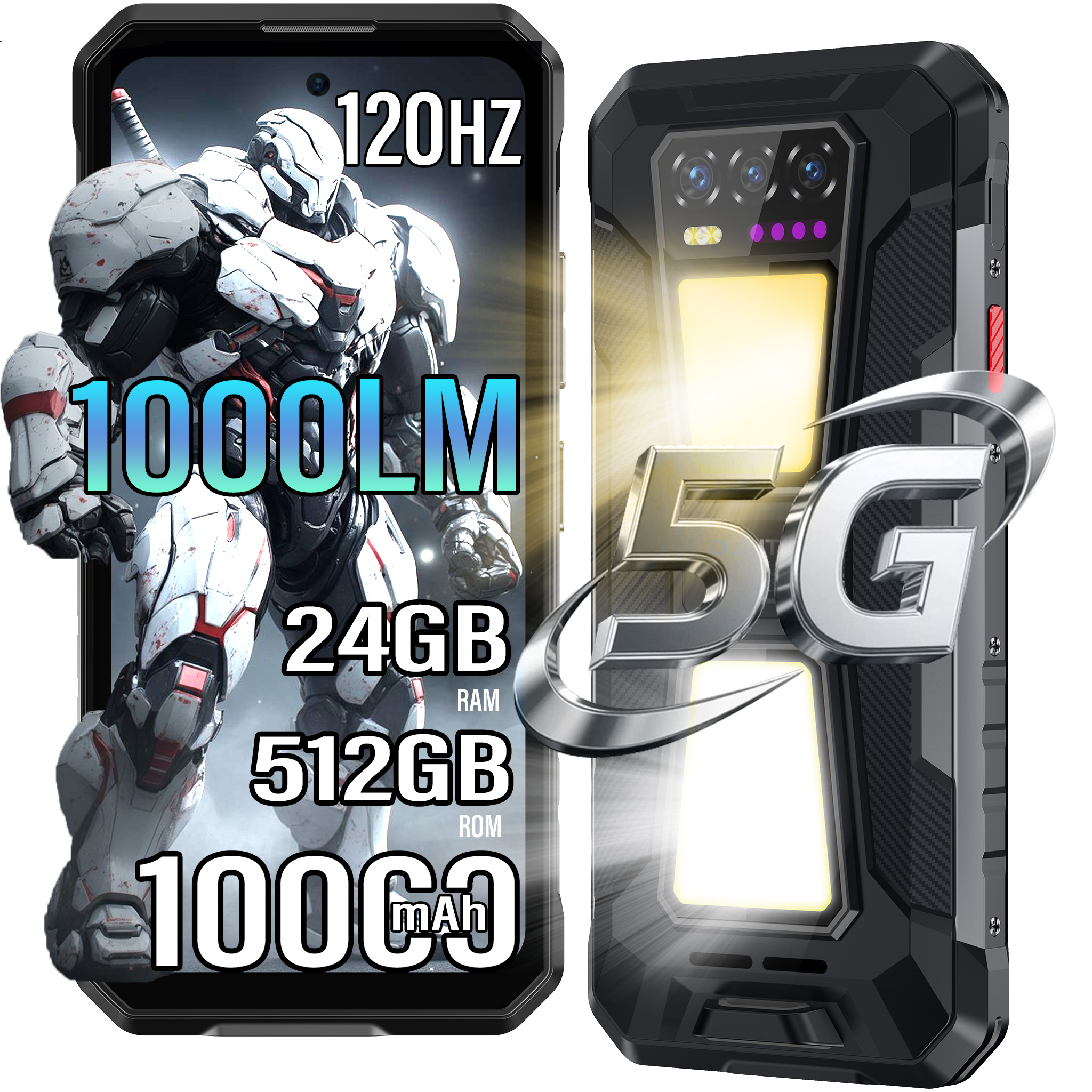 Robustes Smartphone. Das Display zeigt eine weiße Roboterillustration, Spezifikationen: 120 Hz, 1000 LM, 24 GB RAM, 512 GB ROM und 10000 mAh.