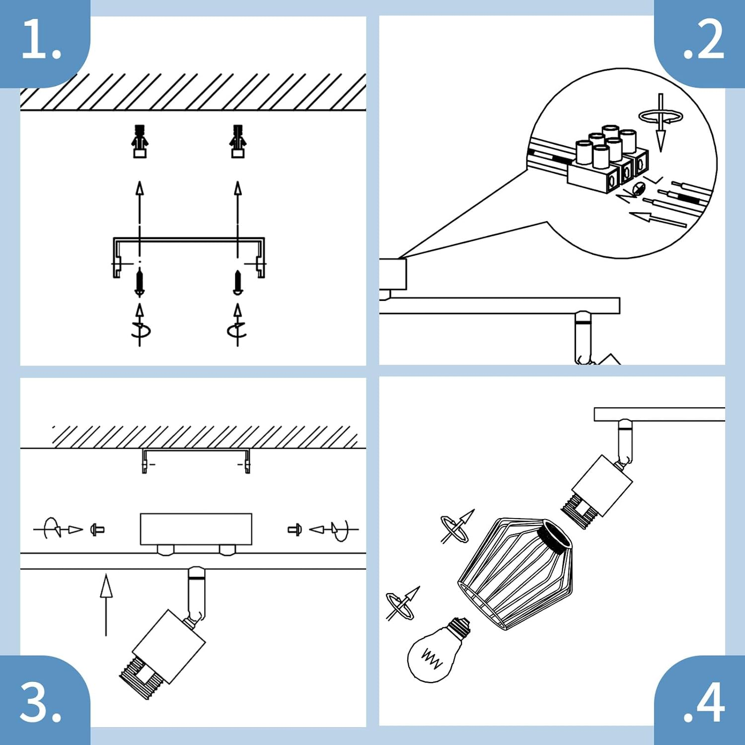 Il diagramma mostra i passaggi per l'installazione di un apparecchio di illuminazione. Include istruzioni di montaggio, cablaggio e inserimento della lampadina.
