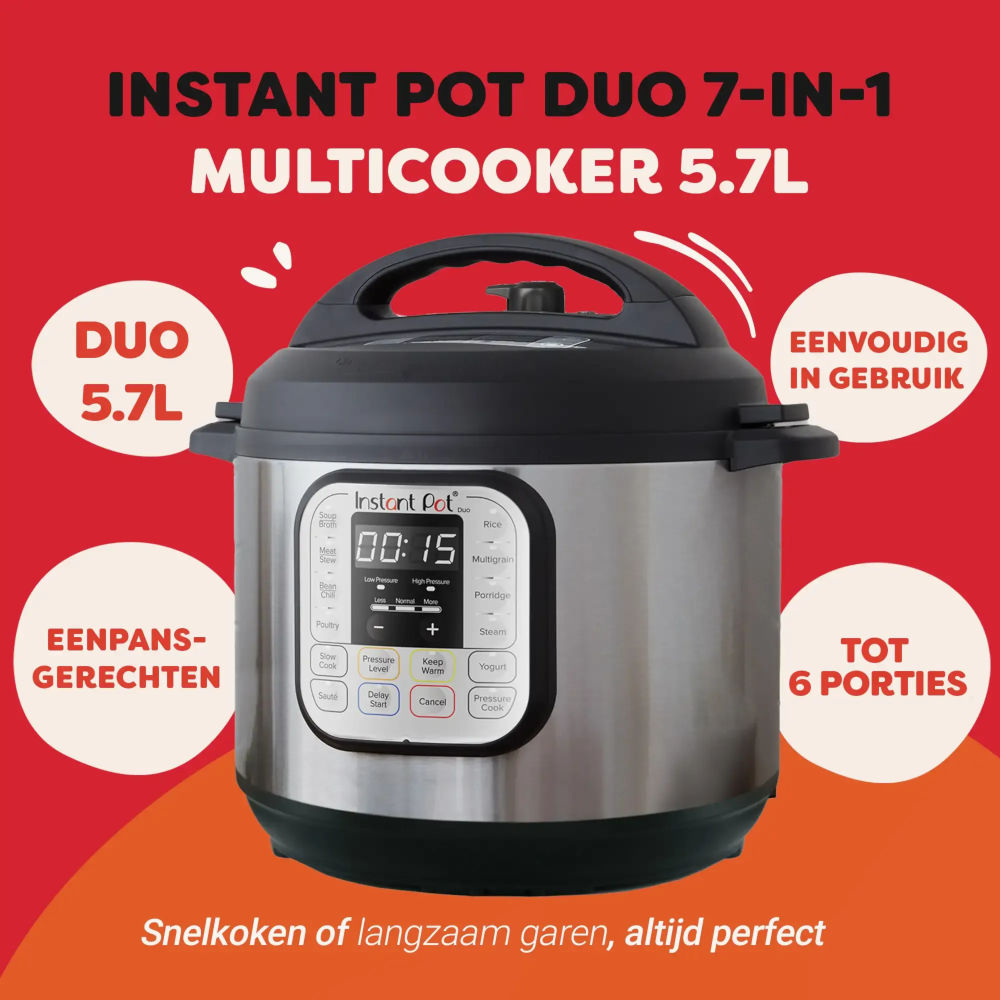 An Instant Pot Duo multicooker. It has a digital display, buttons and text indicating its functions. The text says 'Instant Pot Duo 7-in-1'.
