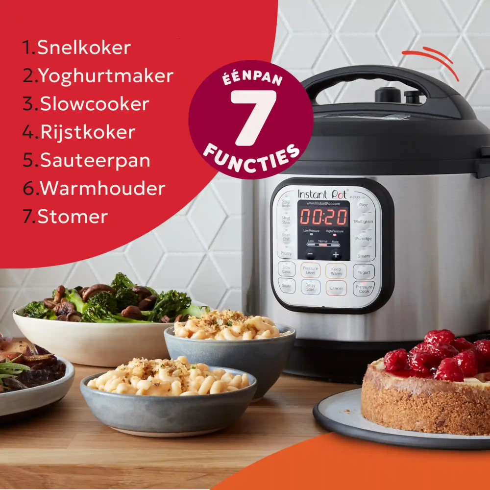 An Instant Pot with a timer displays 00:20. In front are bowls of food and a cheesecake. Text lists cooking functions.