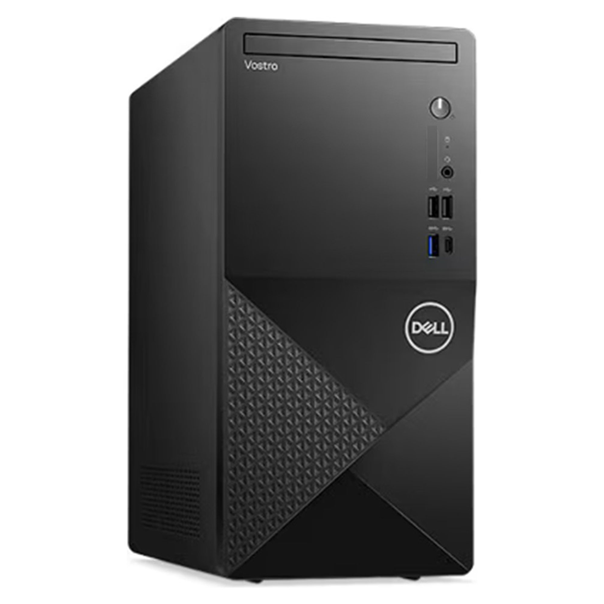Siyah Dell Vostro masaüstü bilgisayar. Dell logosu ile geometrik ön panel tasarımına sahiptir.