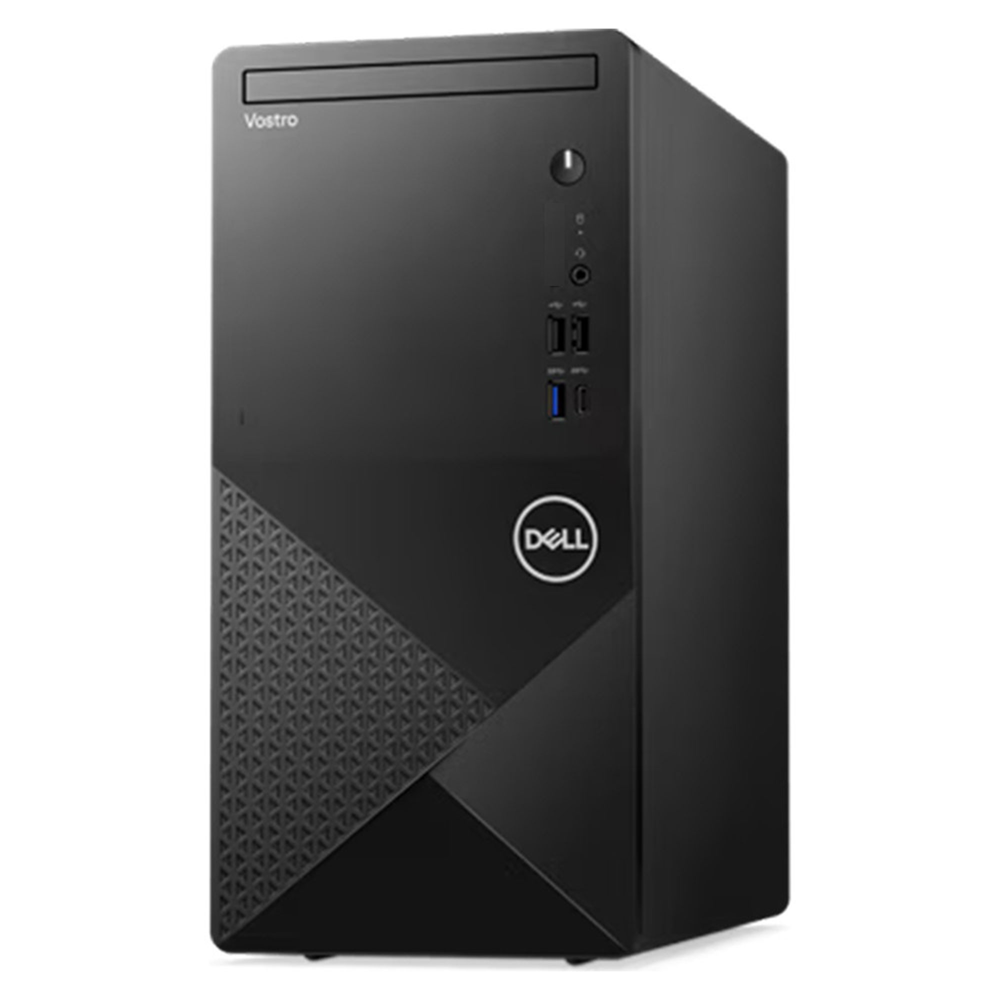 Siyah bir Dell Vostro bilgisayar kasası. Ön panelde bir güç düğmesi, USB bağlantı noktaları ve bir Dell logosu bulunur.