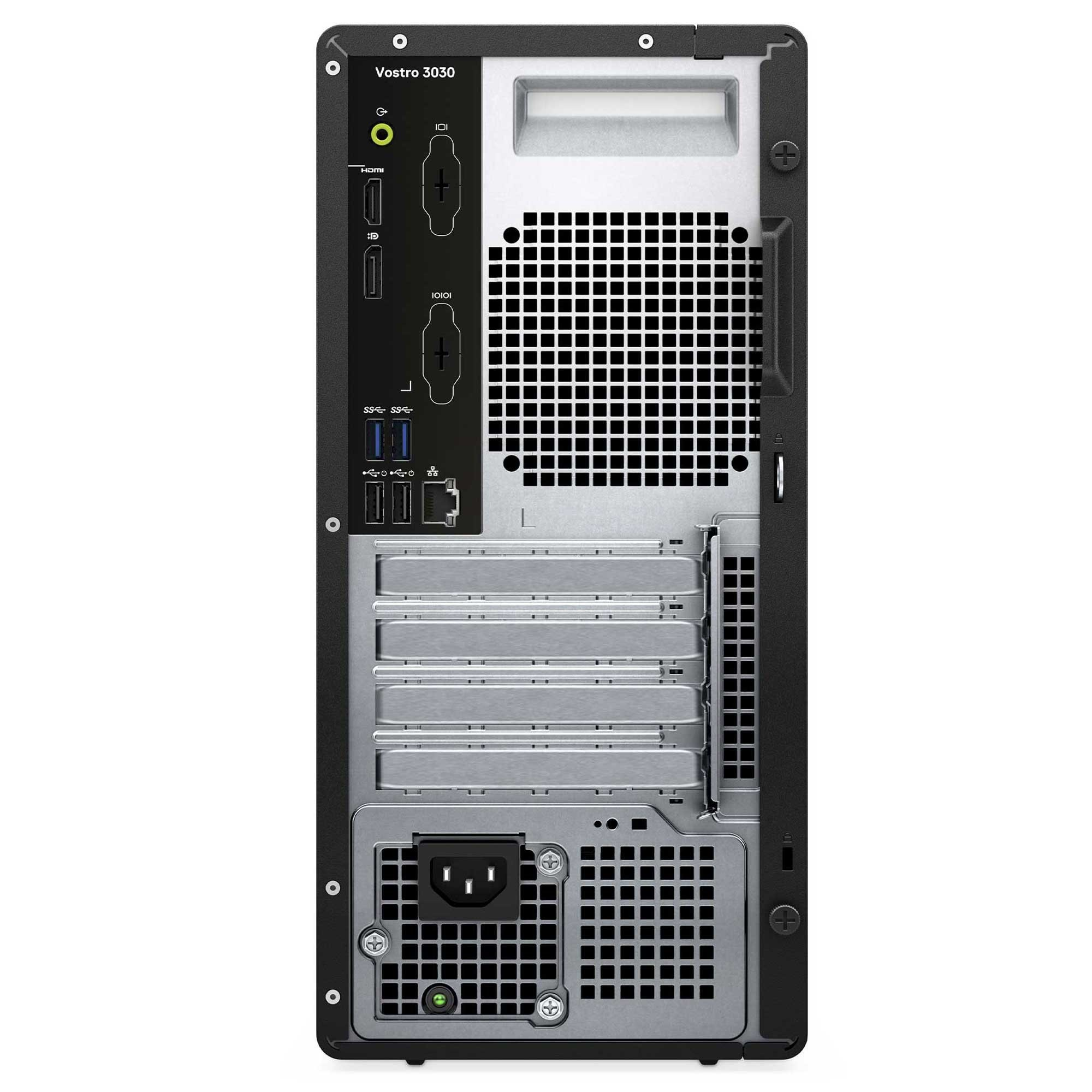 Siyah Dell Vostro 3030 masaüstü bilgisayarının arka görünümü. Havalandırma delikleri, bağlantı noktaları ve güç kaynağı bulunur.