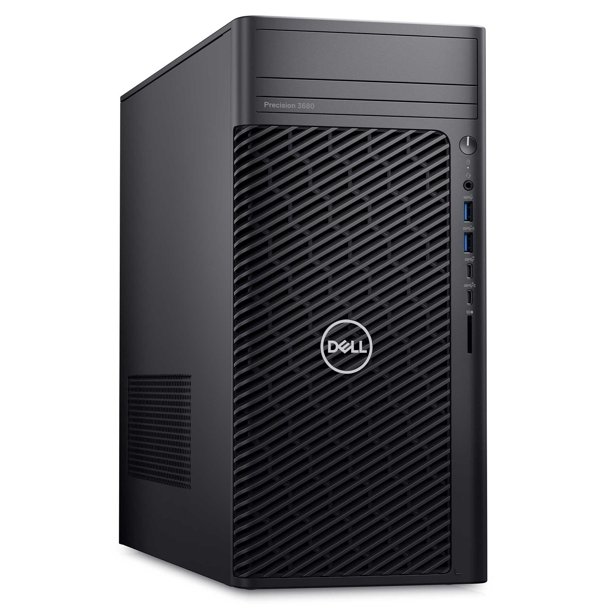 Siyah bir Dell Precision 3660 masaüstü bilgisayar. Ön tarafında havalandırma tasarımı ve yan tarafında bağlantı noktaları var.