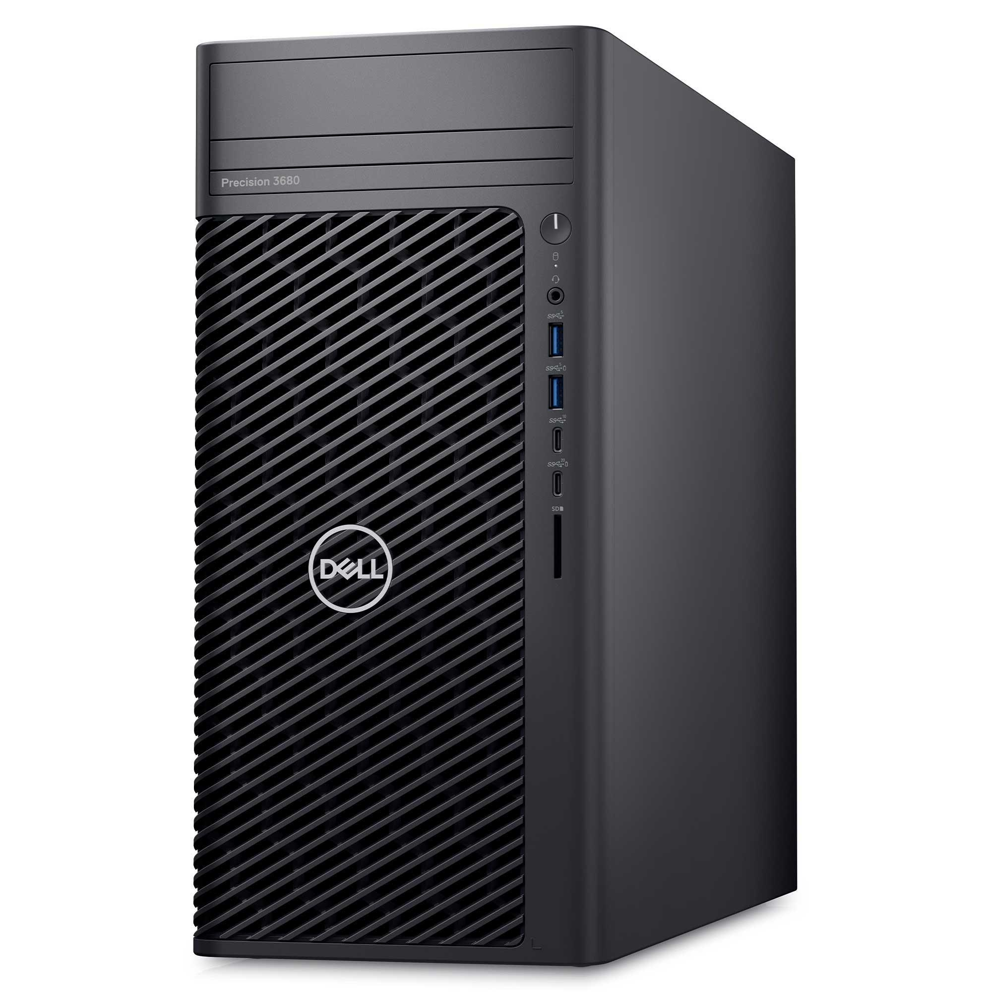 Siyah Dell Precision 3660 kulesi. Izgara benzeri ön panele, Dell logosuna ve bağlantı noktalarına sahiptir. Gri detaylar ve bir güç düğmesi görünür.