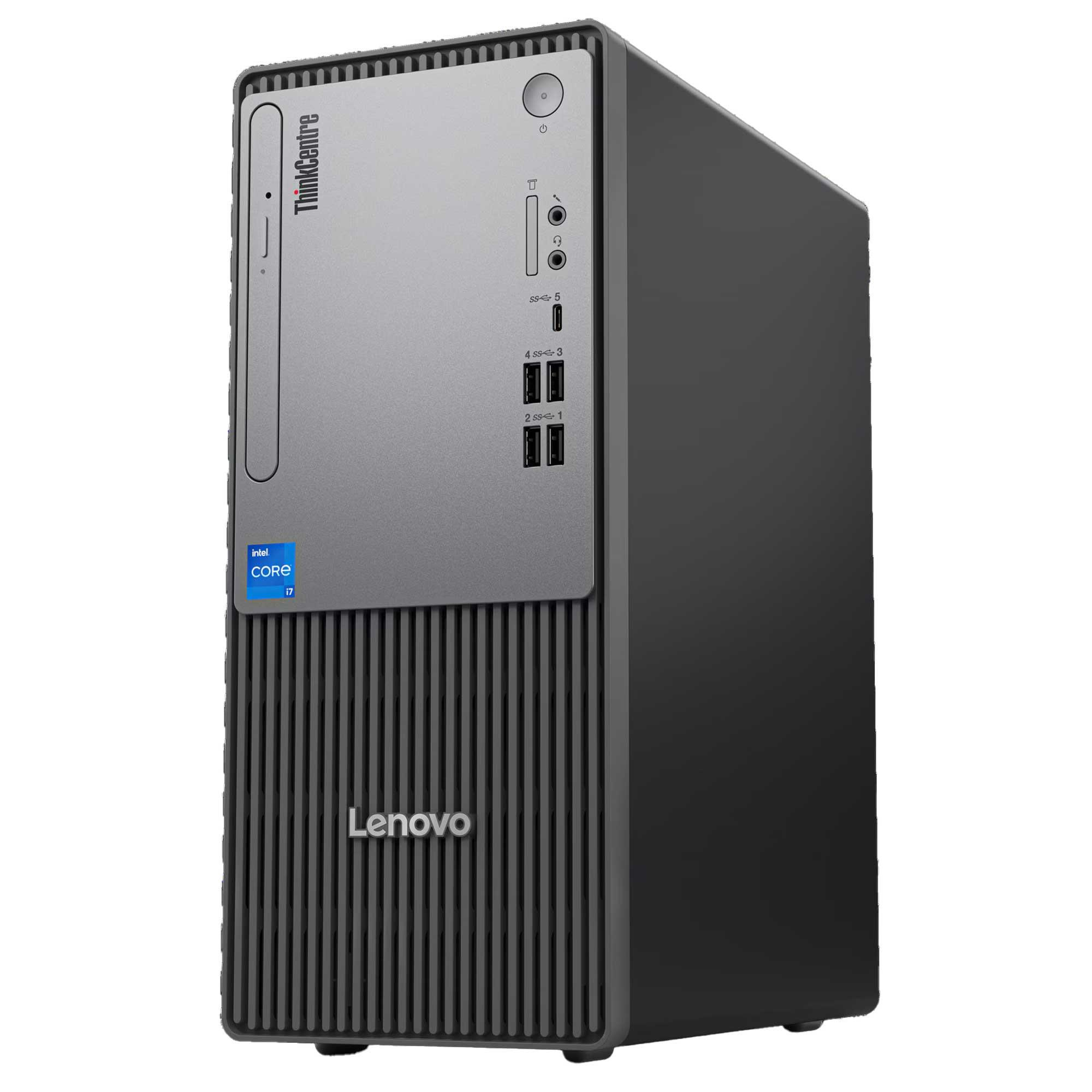 Bir Lenovo ThinkCentre masaüstü bilgisayar. Ön tarafta Intel Core i7 etiketi bulunan siyah ve gridir.