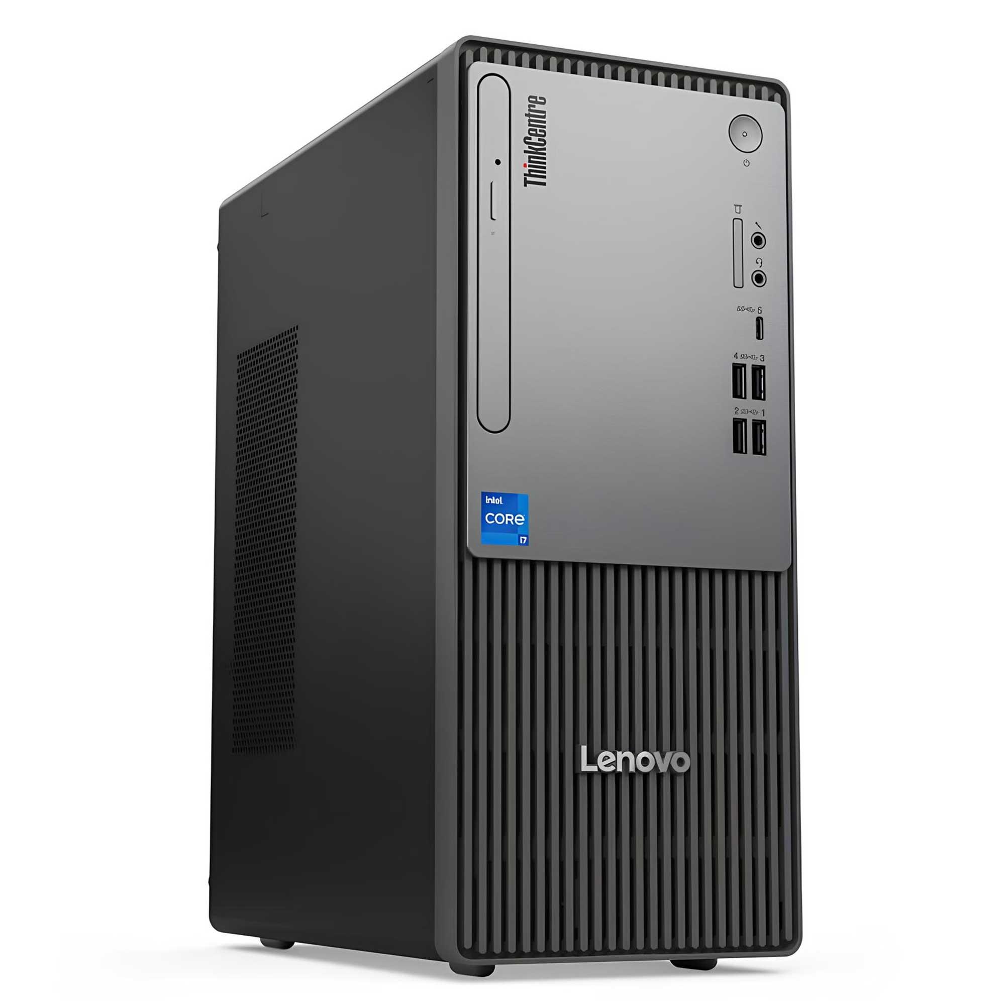 Bir Lenovo ThinkCentre masaüstü bilgisayar. Ön tarafı siyah, Lenovo logosu ve üstte ThinkCentre logosu var.