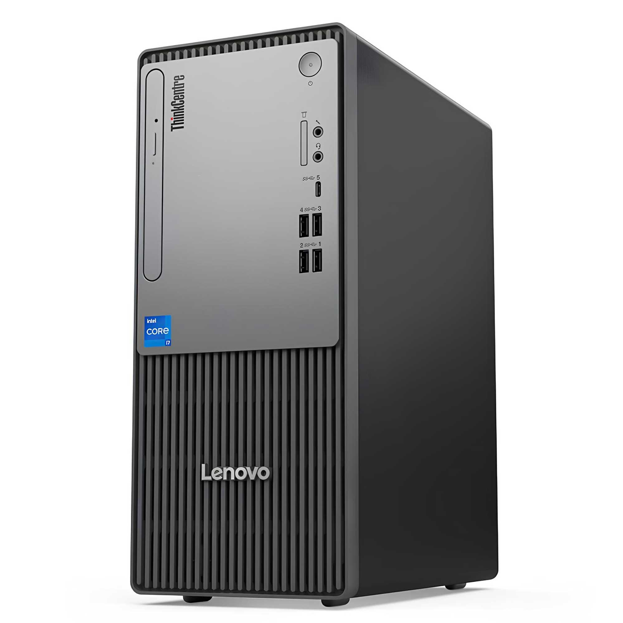 Siyah bir Lenovo ThinkCentre masaüstü bilgisayar. Intel Core i7 etiketi var. Ön tarafında dikey çizgili bir tasarım var.