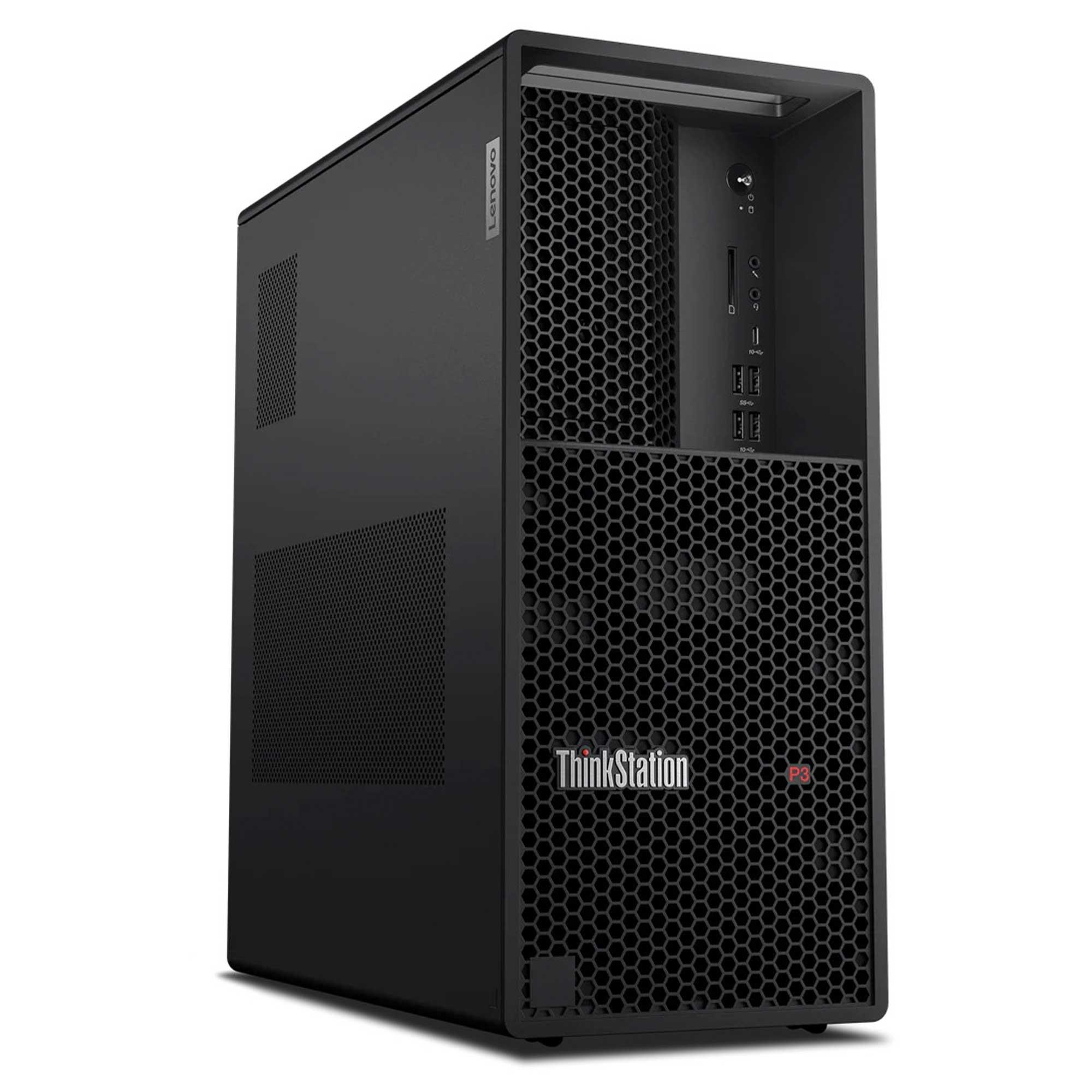 Siyah bir Lenovo ThinkStation masaüstü bilgisayar. Petek ön panele ve çeşitli bağlantı noktalarına sahiptir.