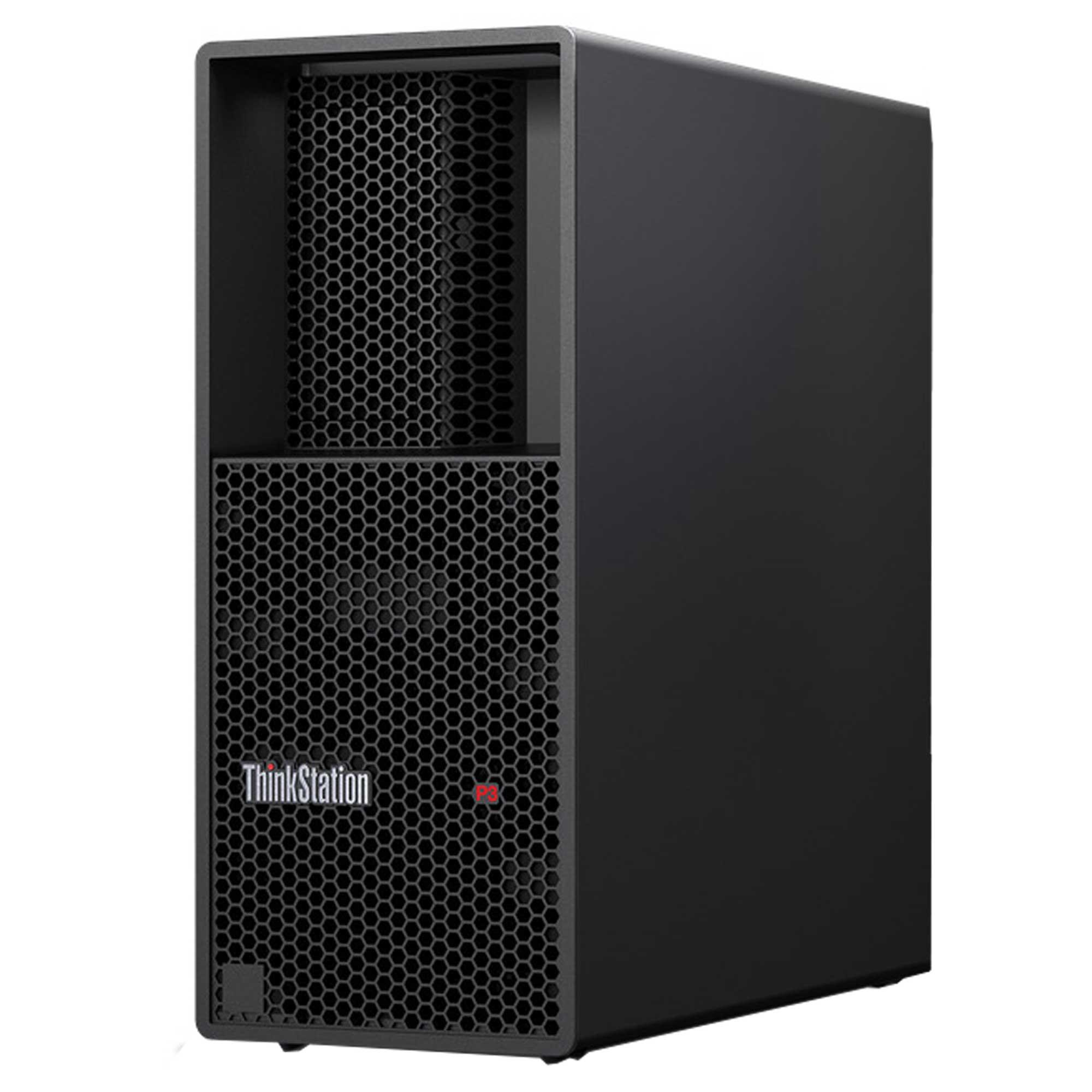Siyah bir ThinkStation bilgisayar kasası, petek ön panelli. Logo görünür durumda.