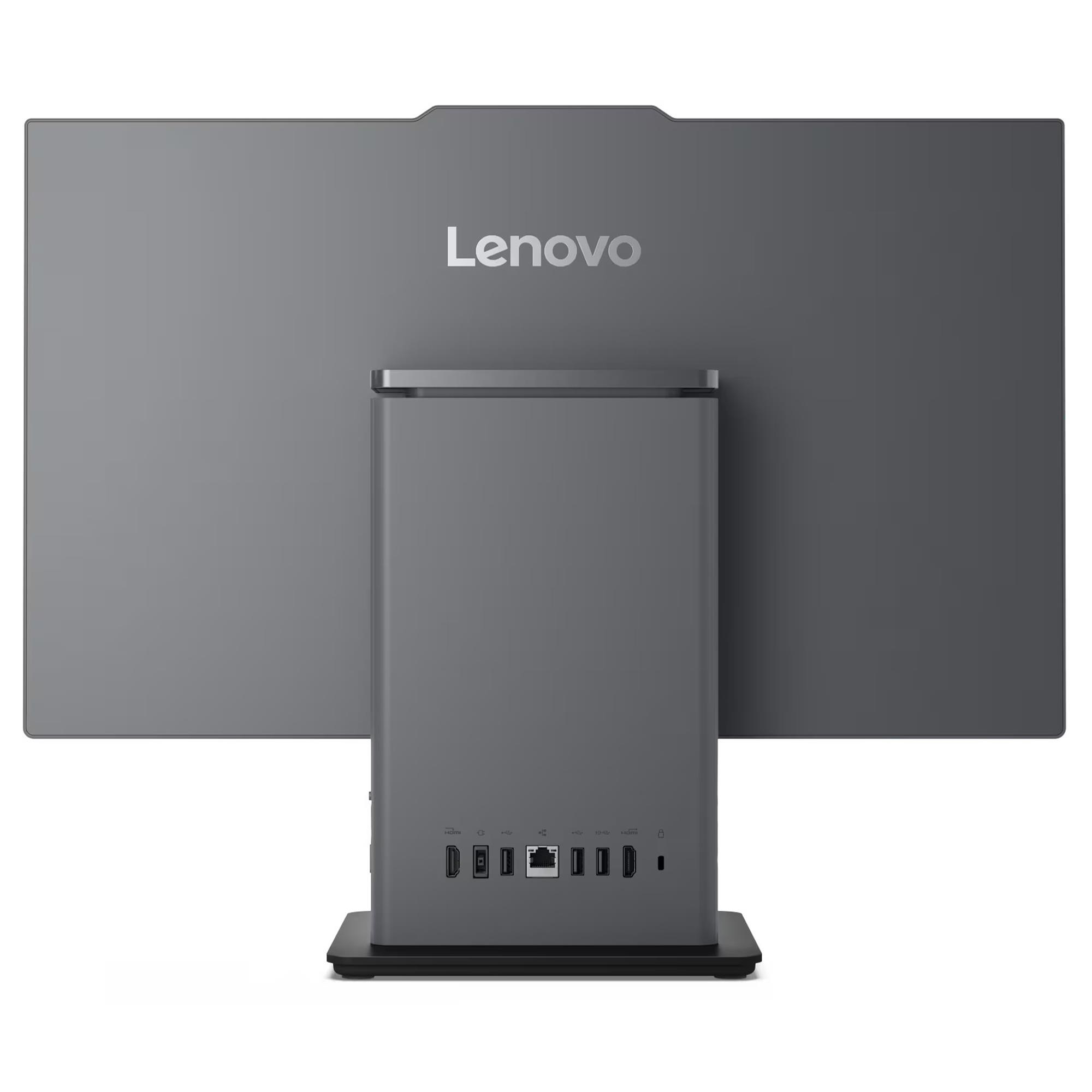 Gri bir Lenovo hepsi bir arada bilgisayar. Ekranda marka adı görülüyor. Tabanında birden fazla bağlantı noktası var.