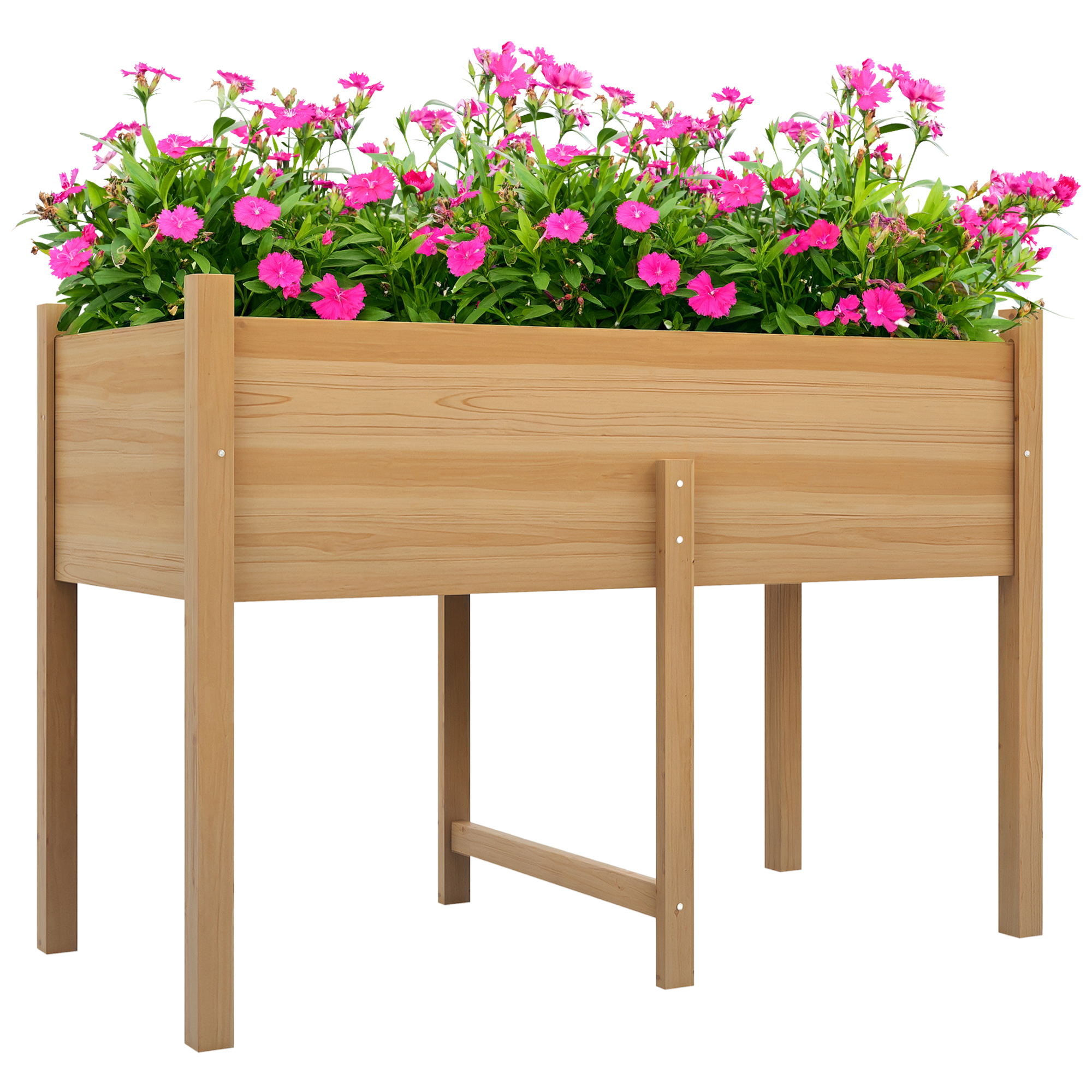Fioriera in legno piena di fiori rosa. La scatola ha una forma rettangolare e poggia su quattro gambe.