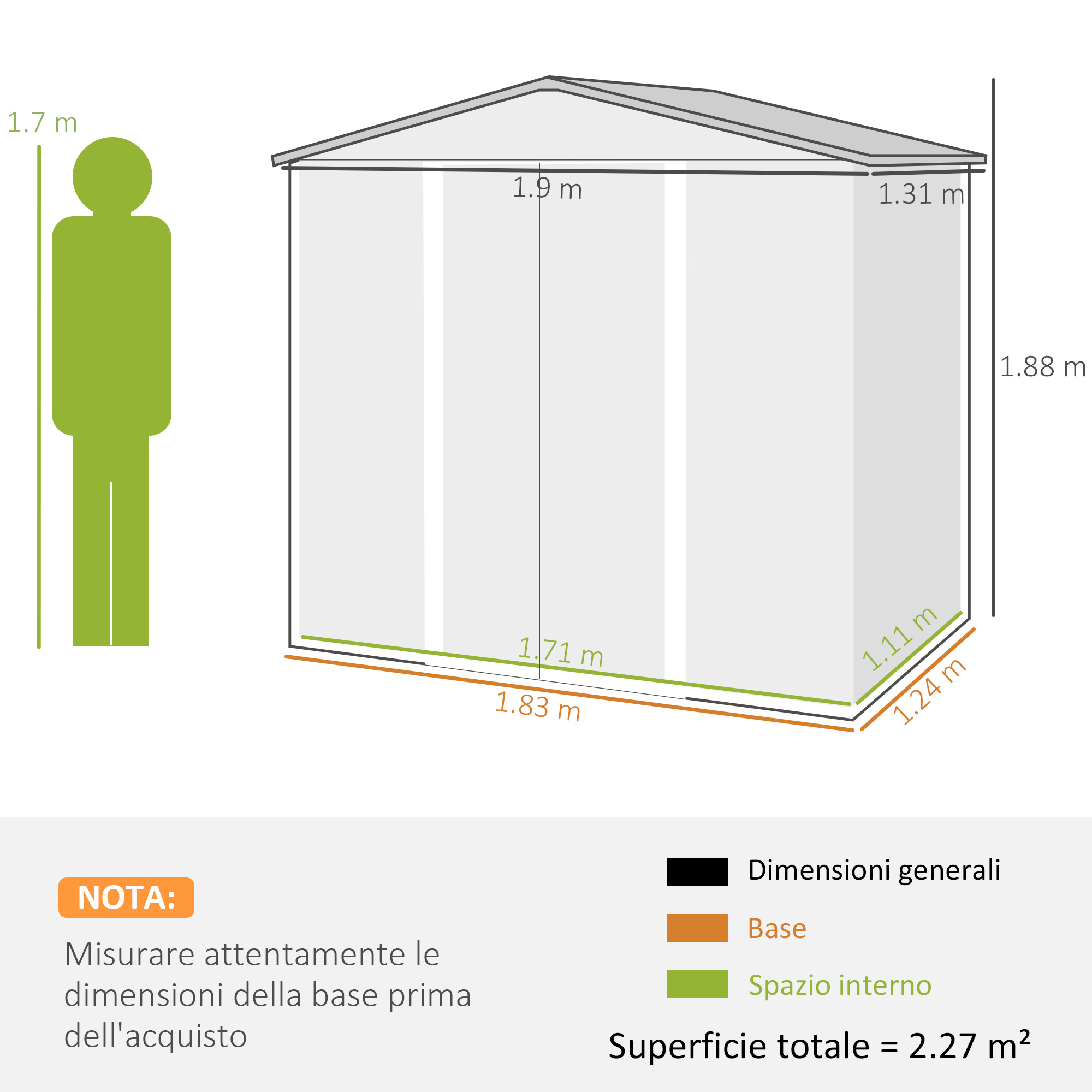 Diagramma di un capannone con dimensioni, una persona verde e testo in italiano.