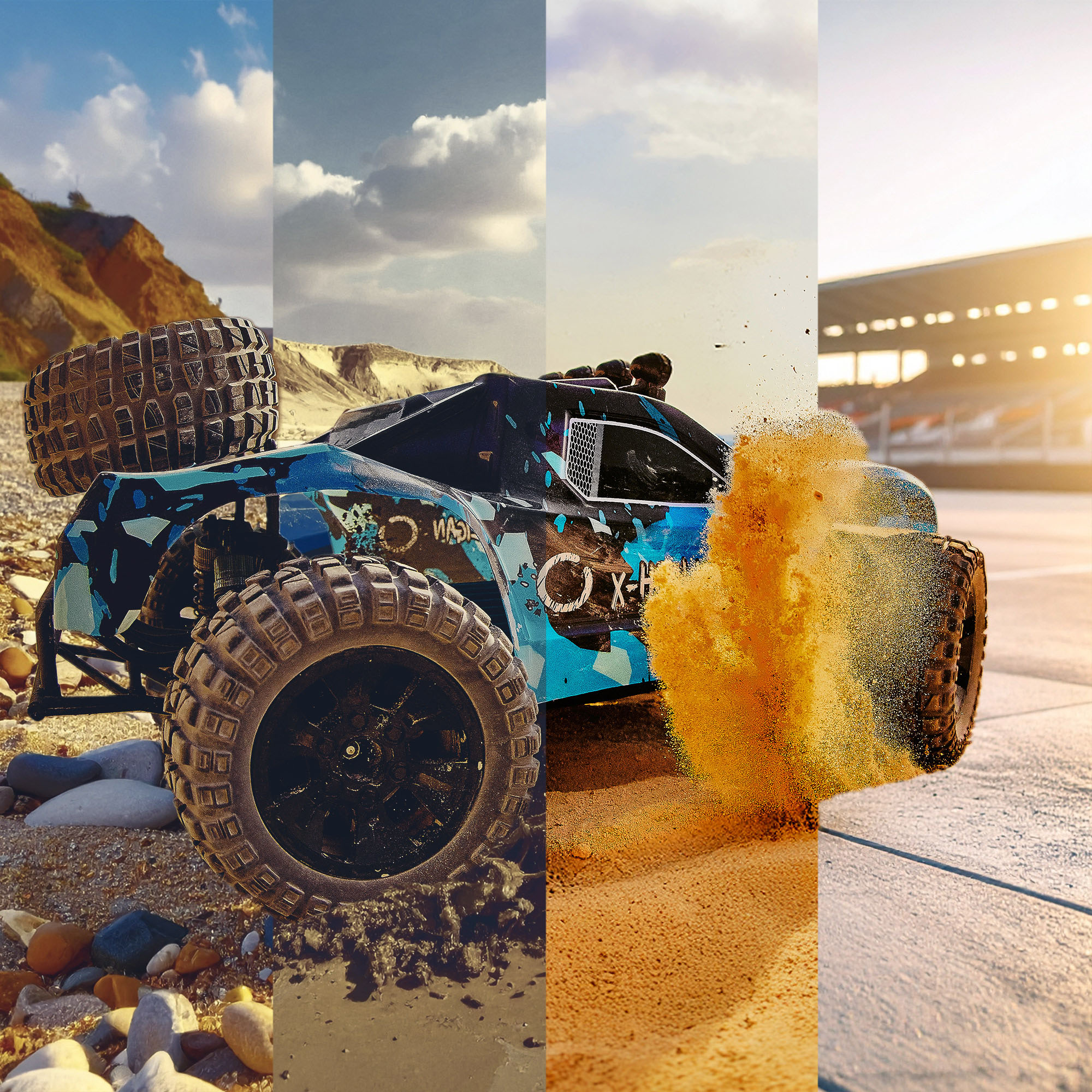 Un'auto RC blu mimetica che solleva sabbia. I pneumatici sono grandi e neri. L'auto è sulla spiaggia e il cielo è nuvoloso.