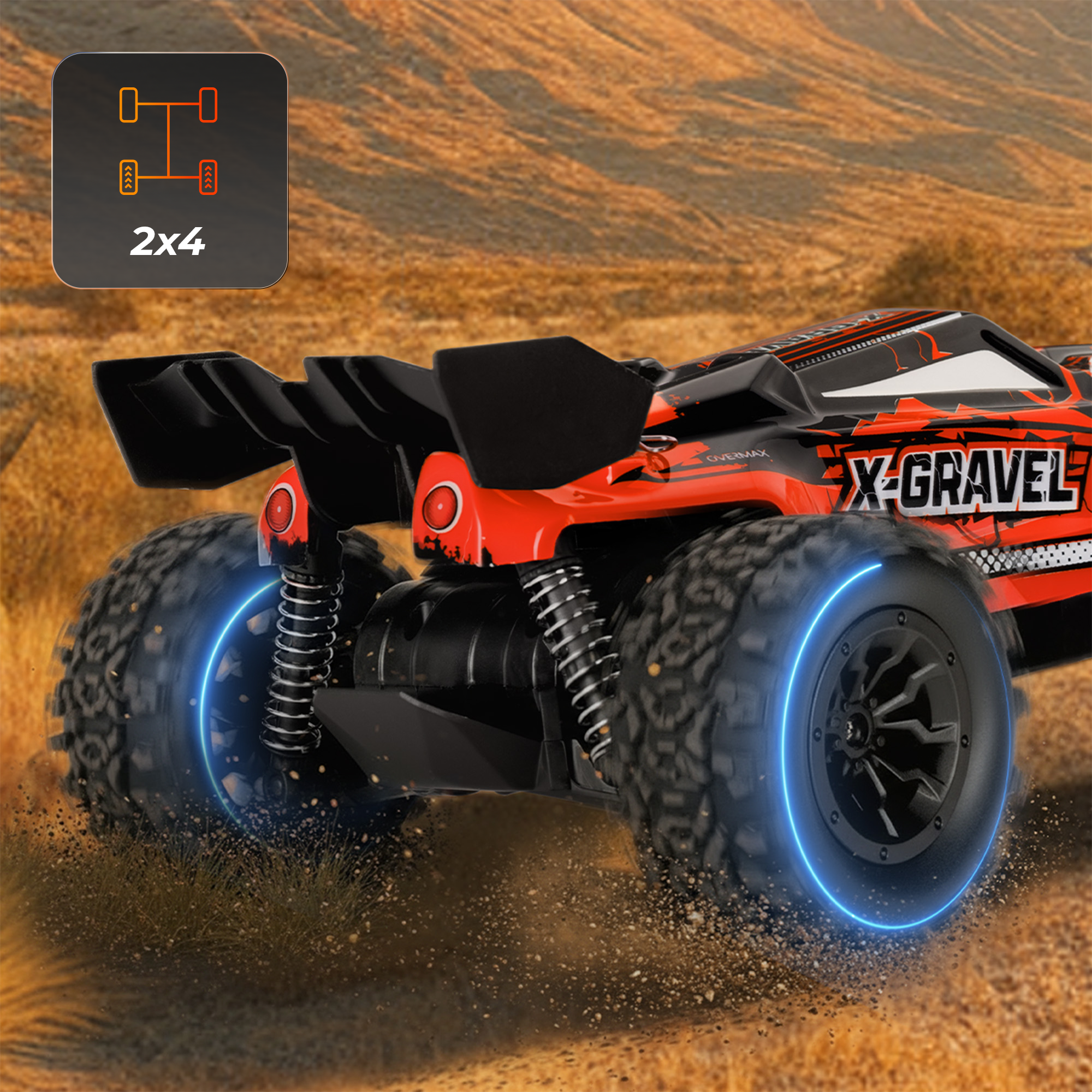 Ein rot-schwarzes RC-Auto mit dem Text 'X-Gravel' wird auf sandigem Hintergrund gezeigt.