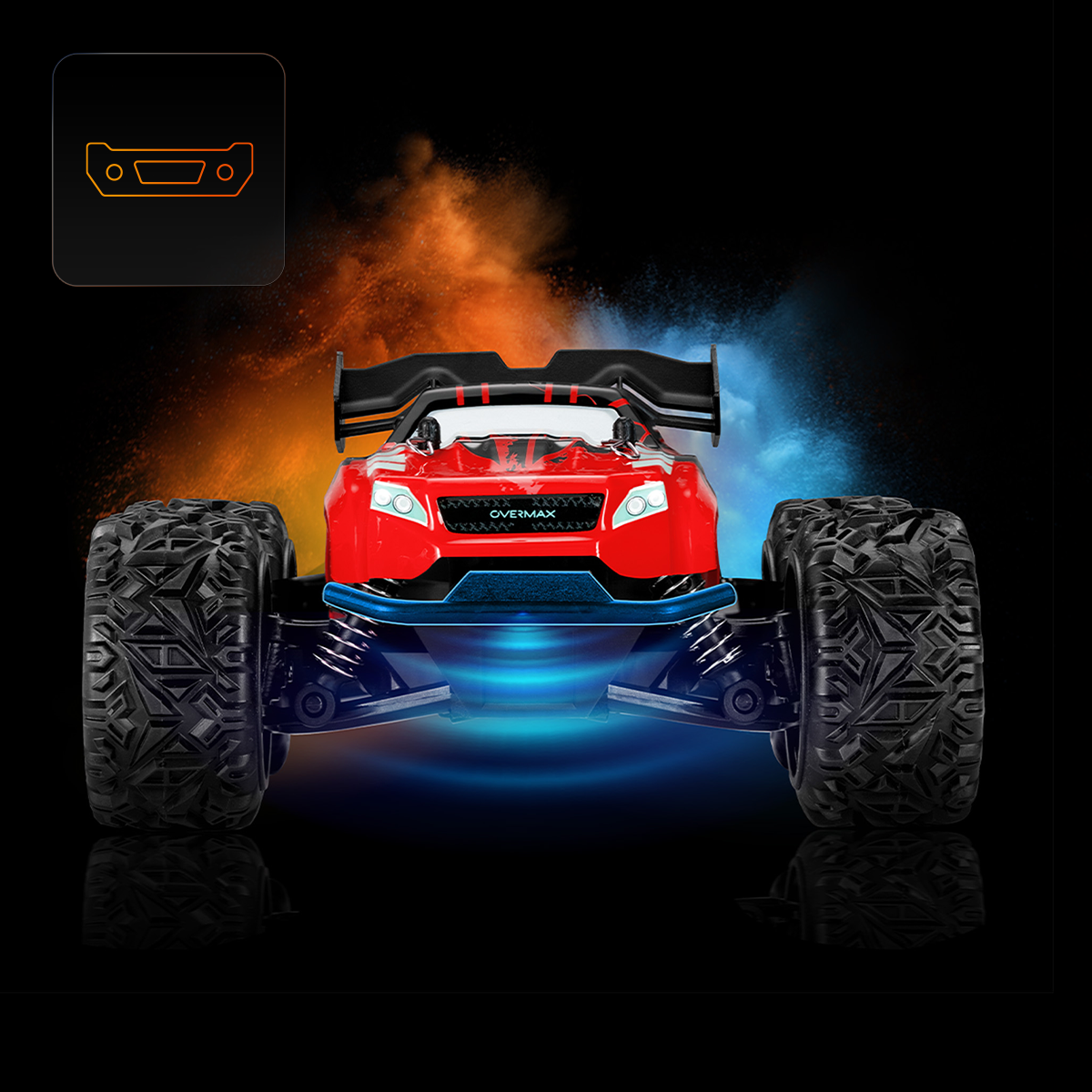 Ein rotes Spielzeugauto mit schwarzen Reifen steht auf einer schwarzen Oberfläche. Orangefarbene und blaue rauchartige Effekte im Hintergrund. Kleines Symbol.