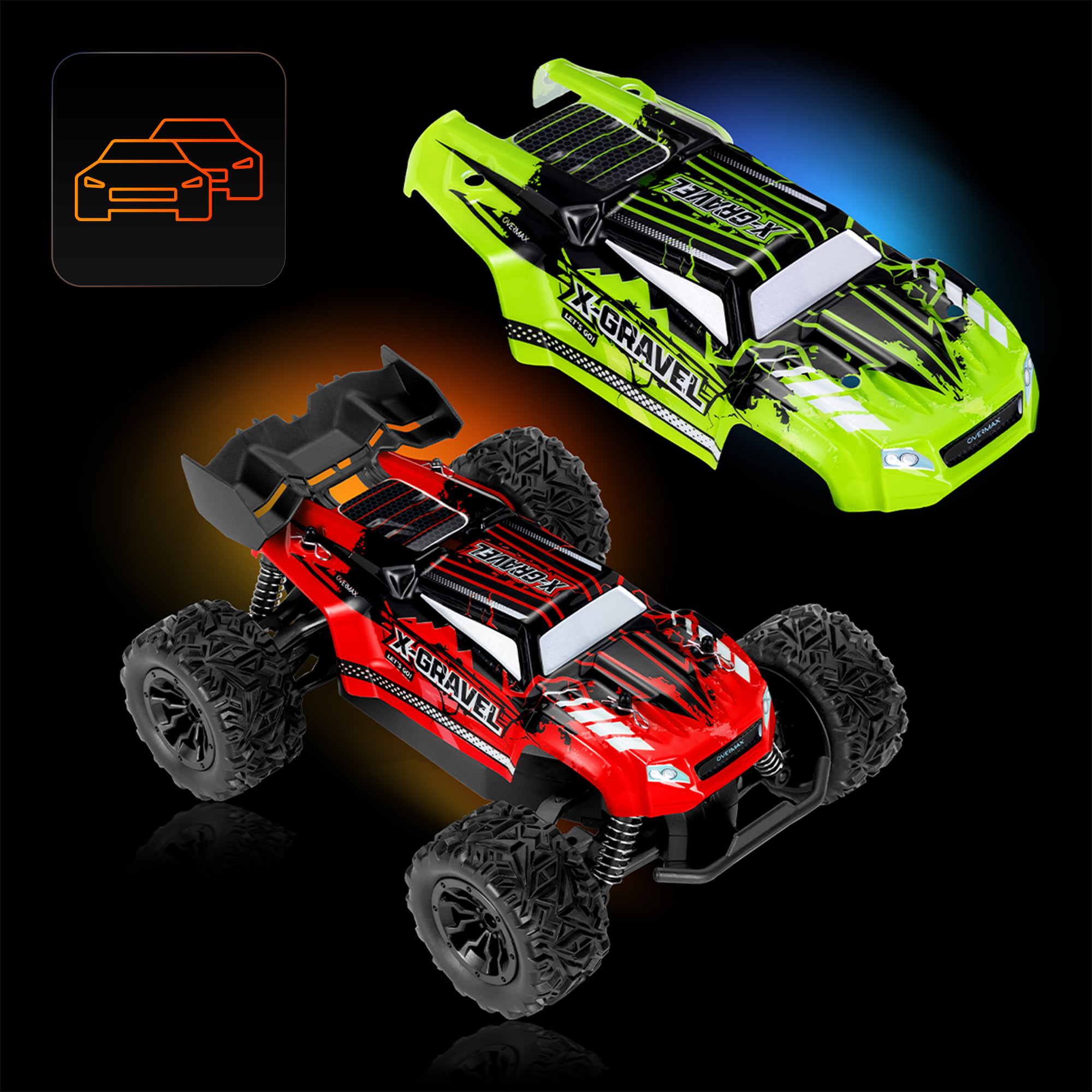 Zwei Spielzeugautos, eines rot, eines grün, auf schwarzem Untergrund. Beide haben große Räder und Text.