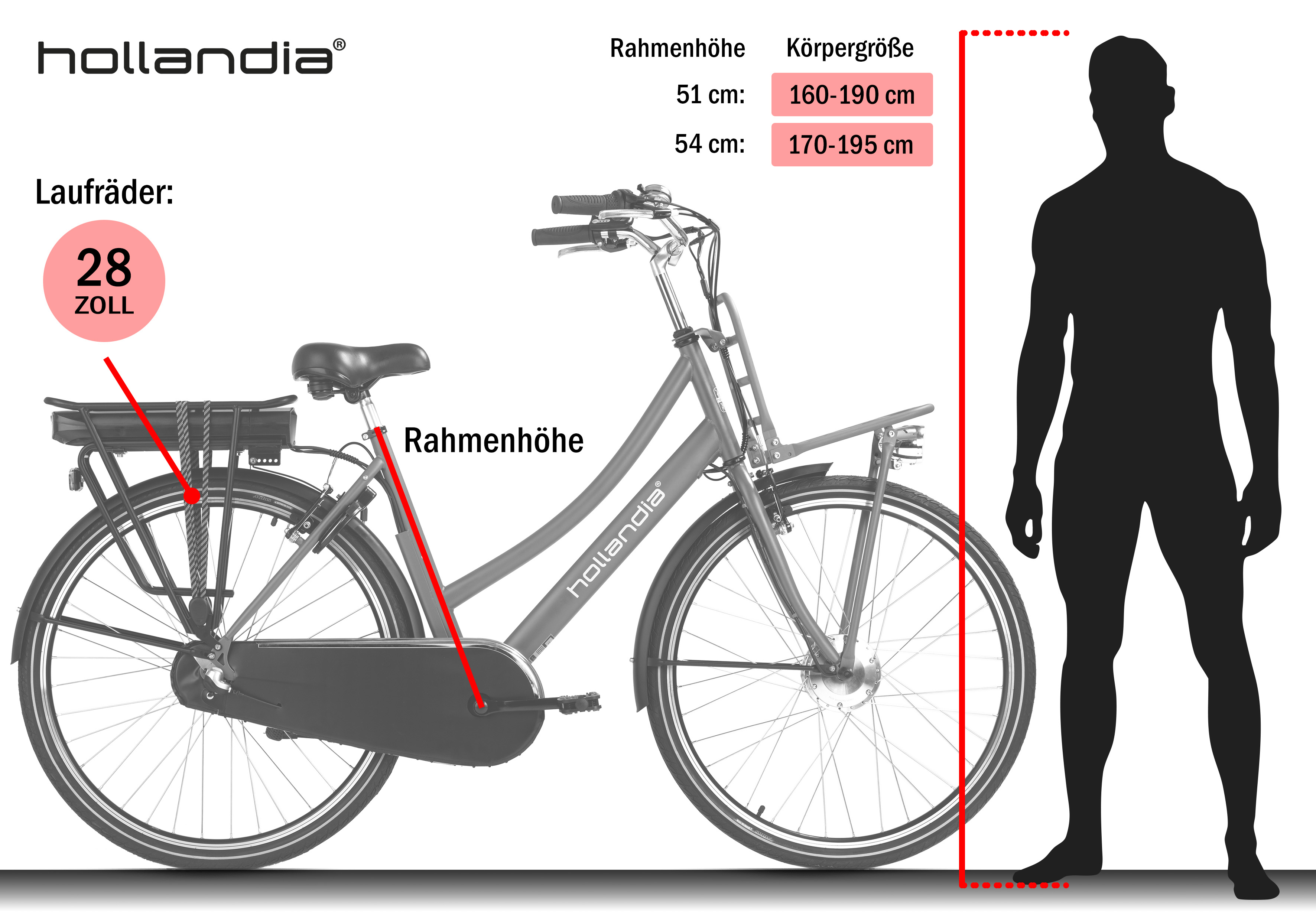 Fahrrad mit Größenangaben. Eine Silhouette zeigt die Höhe. Text enthält Rad- und Rahmengröße.
