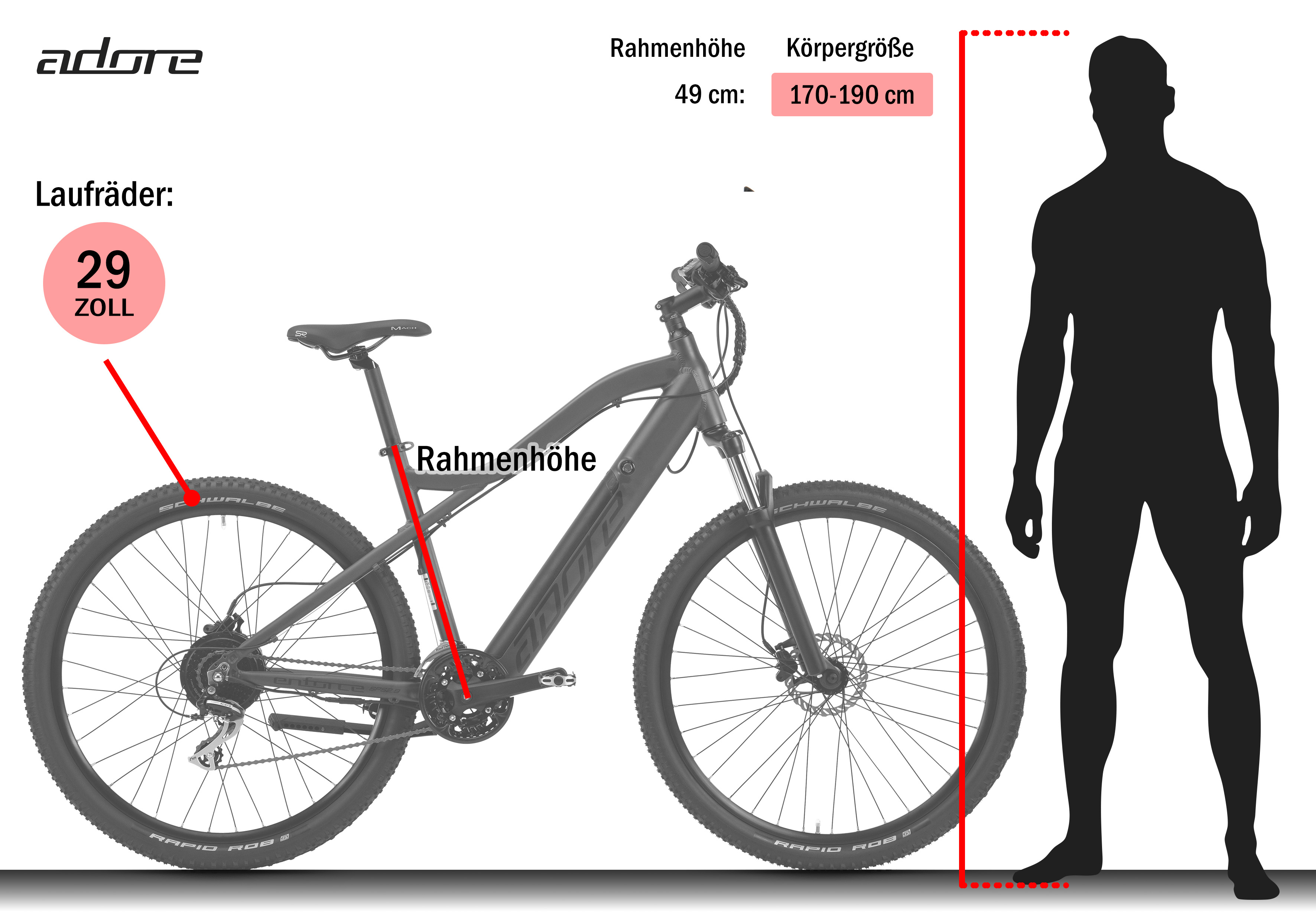 Ein Fahrrad mit 29-Zoll-Rädern wird angezeigt. Daneben deutet eine schwarze Silhouette die Größe an.