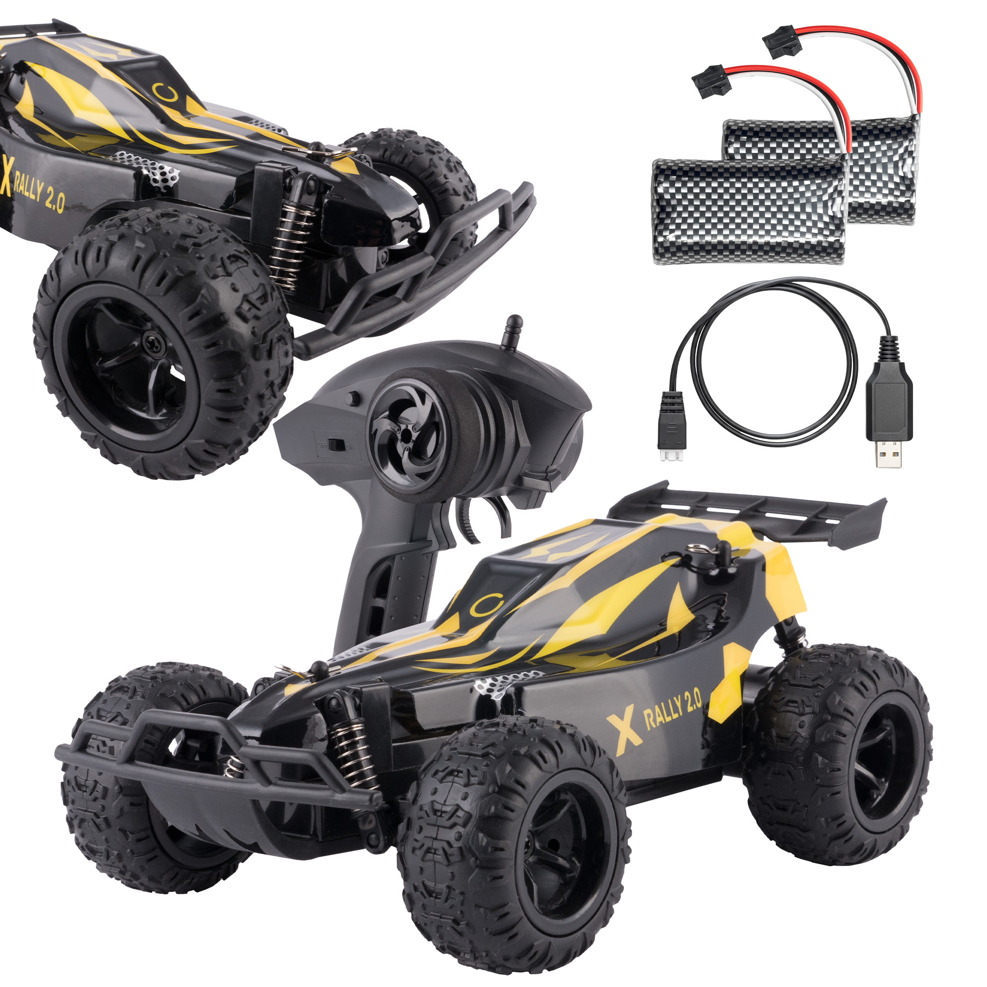Czarny i żółty samochód RC z akcesoriami, w tym bateriami, pilotem i kablem USB, na białym tle.
