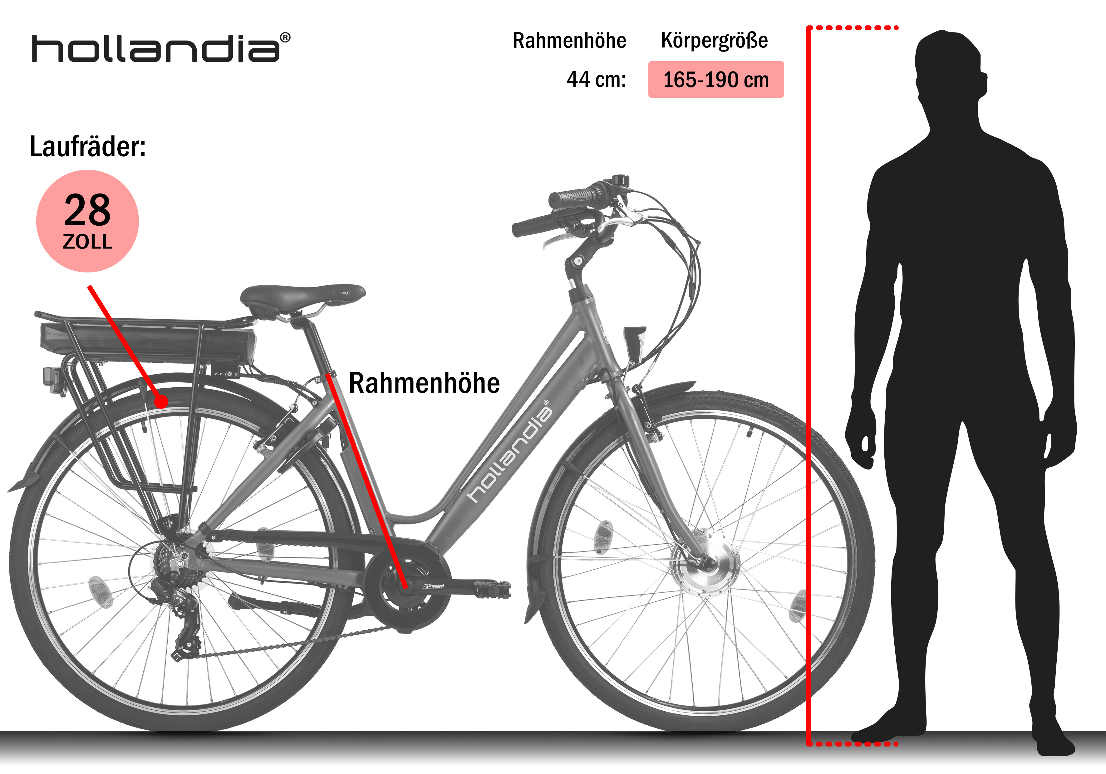 Graues Hollandia-Fahrrad mit 28-Zoll-Rädern, Rahmenabmessungen und einer menschlichen Silhouette zum Größenvergleich.