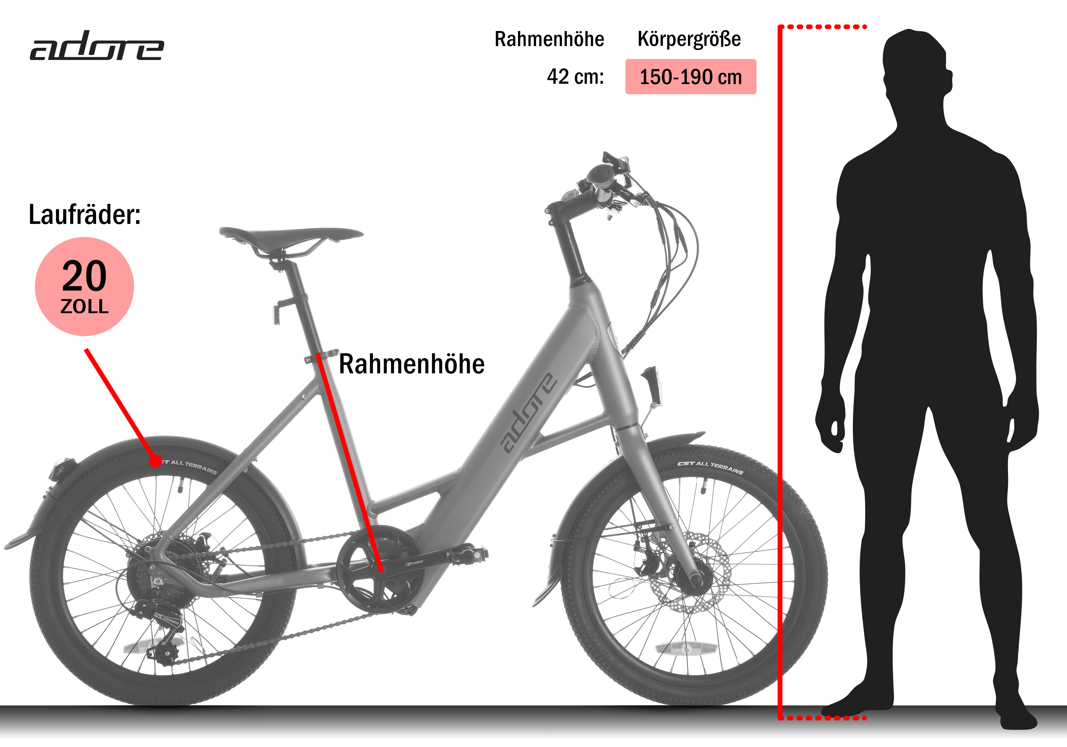 Graues Klappfahrrad mit Personensilhouette daneben. Text zeigt Radgröße und Höhe.